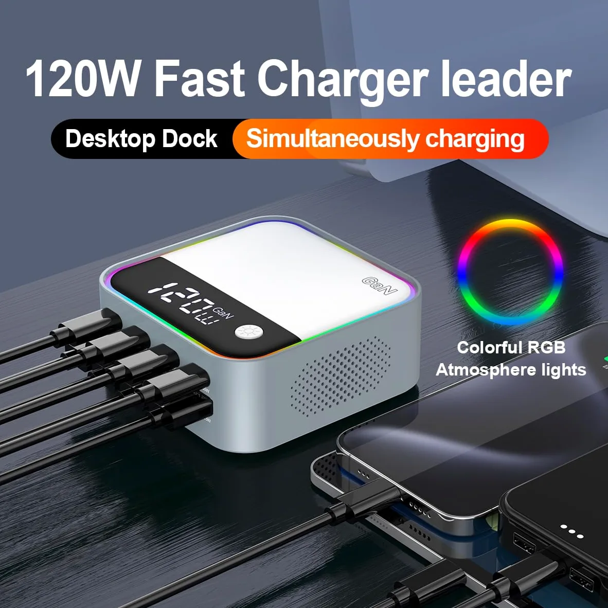 120W Chargeur rapide, station de charge USB C GaN à 8 ports avec port de charge rapide PD3.0 et QC3.0 de 100W et affichage numérique intelligent