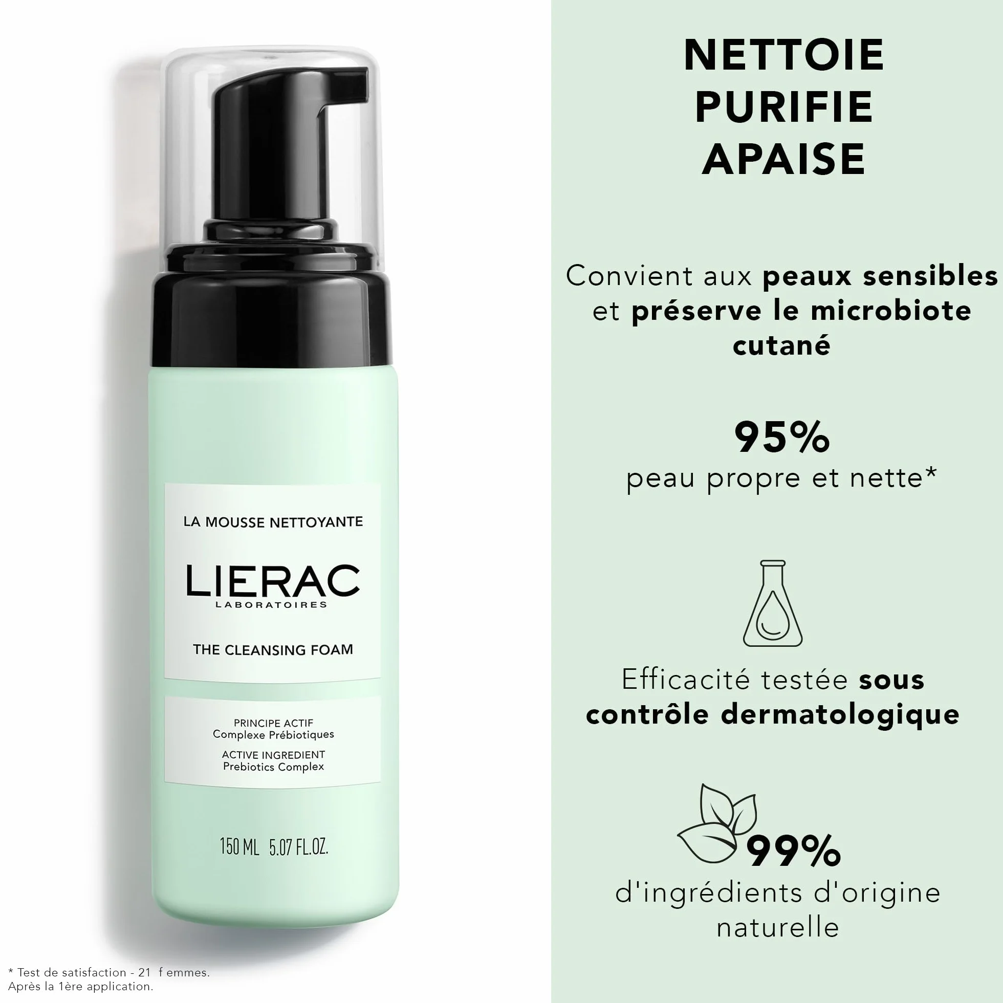 Lierac Mousse Nettoyante Visage Démaquillant Peaux Sensibles 98% Ingrédients Naturels Végan