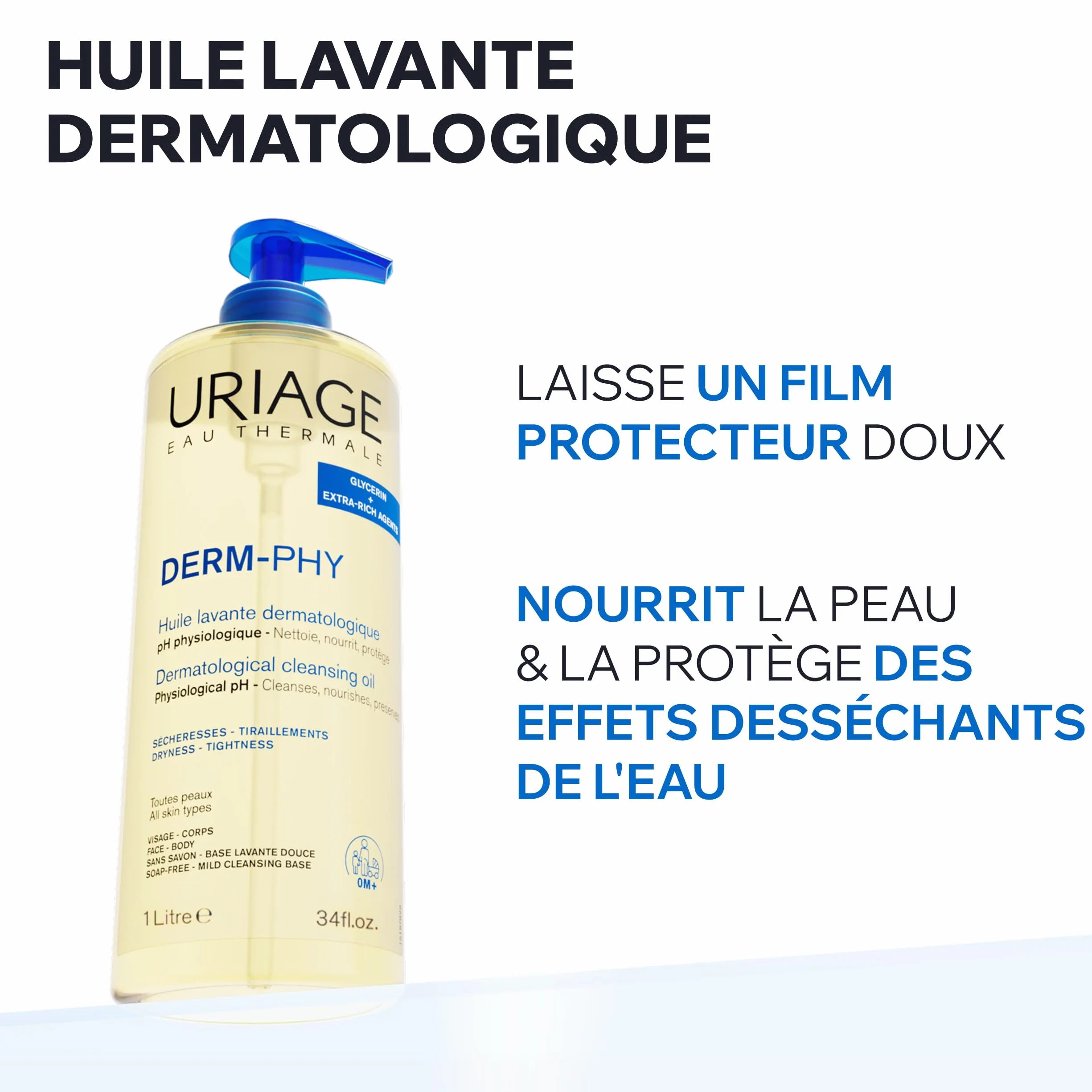 Uriage Derm-Phy Huile de Douche 1L - Nettoyant Visage, Corps - Peaux Sèches, Sensibles - 25% Glycérine - pH Physiologique - Sans Savon