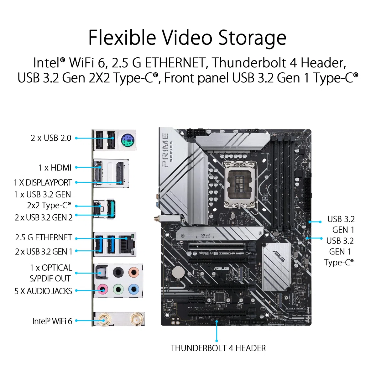 ASUS Prime Z690-P Carte mère WiFi D4 LGA1700 Intel 12e génération, ATX (PCIe 5.0, DDR4, 14+1, 3X M.2, WiFi 6, BT v5.2, 2.5 Gb, panneau frontal USB 3.2 Gen 1 USB Type-Thunderbolt 4, Arua Sync)