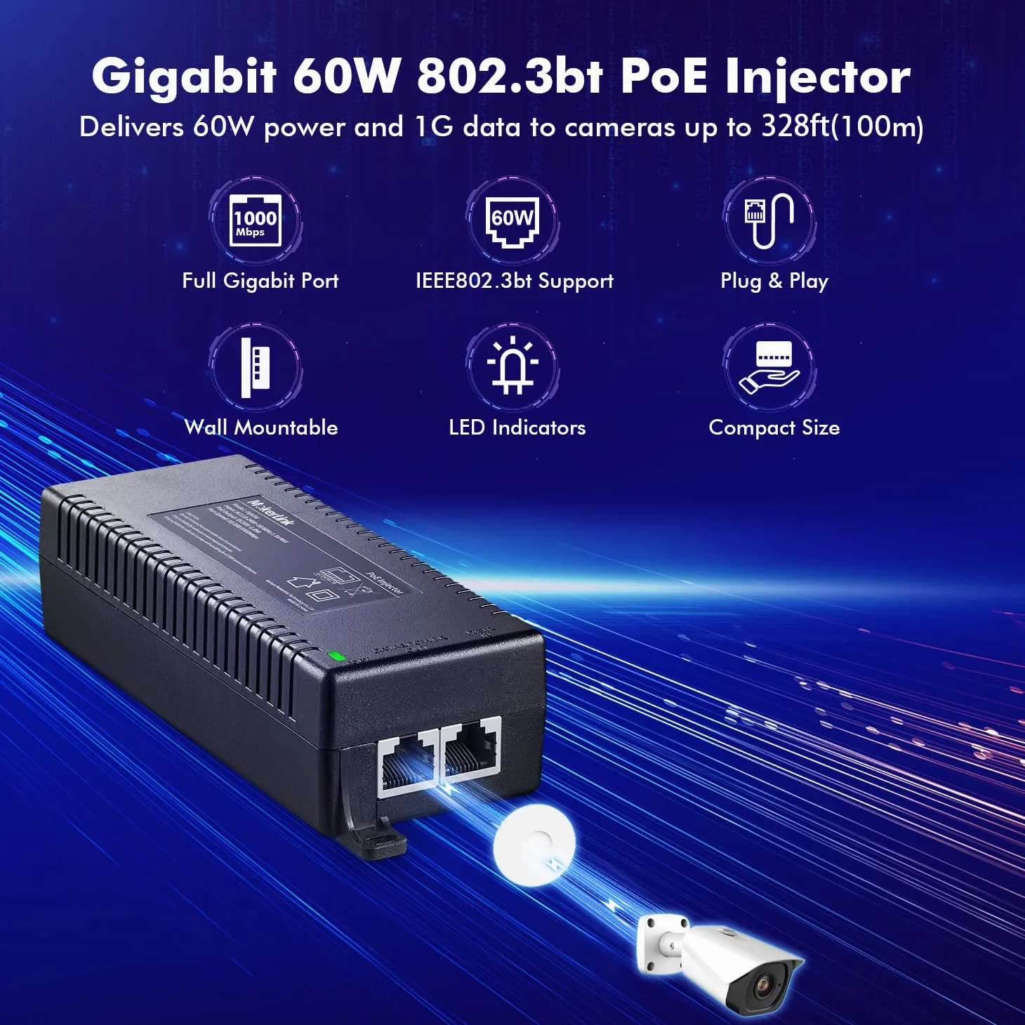 MokerLink Injecteur PoE Gigabit, 802.3af/at/BT 60W, 10/100/1000Mbps Ethernet, Plug & Play, Adaptateur Non-PoE vers PoE, Distance jusqu'à 100 mètres (328 ft.)