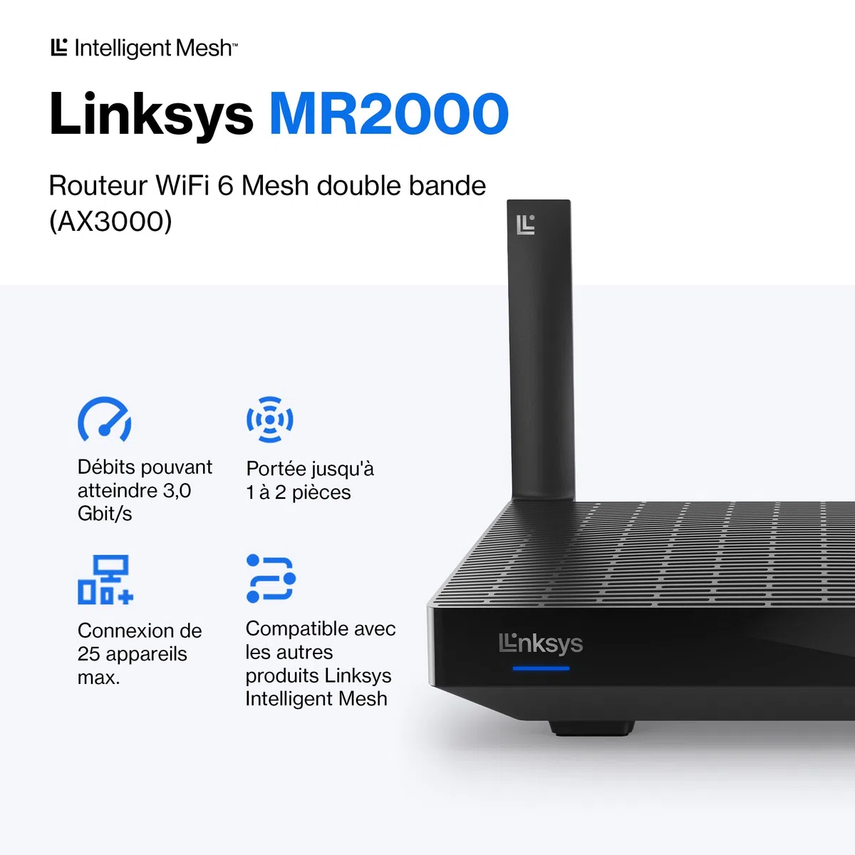 Linksys Routeur WiFi 6 Mesh Double Bande Hydra 6 (AX3000) - Jeux sans Fil Jusqu’à 3 Gbit/s, pour Plus de 25 appareils et portée 185 m2 Fonctionne avec Le système WiFi Linksys, MR2000-KE