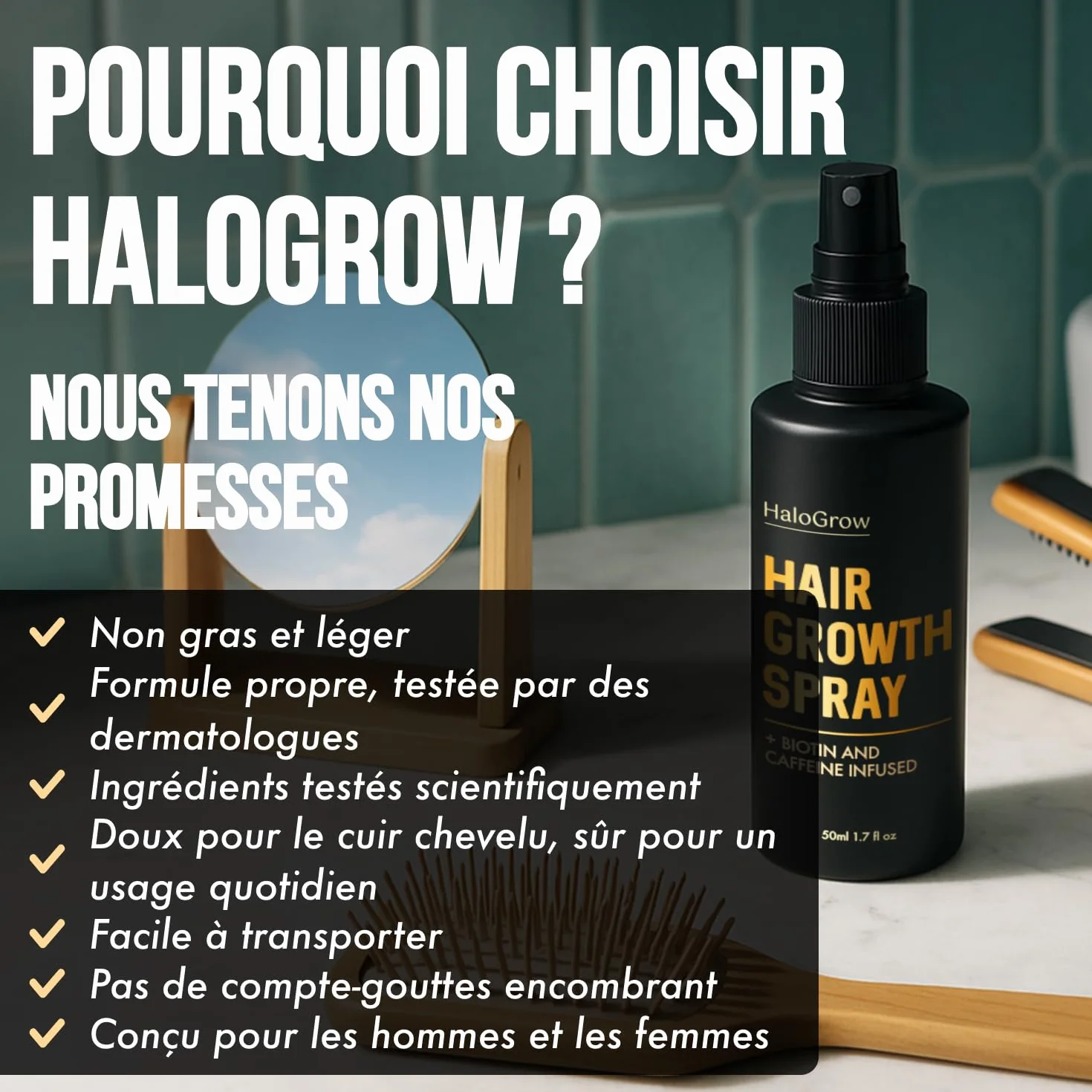 Serum Pousse Cheveux Spray à la Biotine, Caféine, Huile de Ricin et Aminexil - Favorise la Pousse Rapide (3 mois)