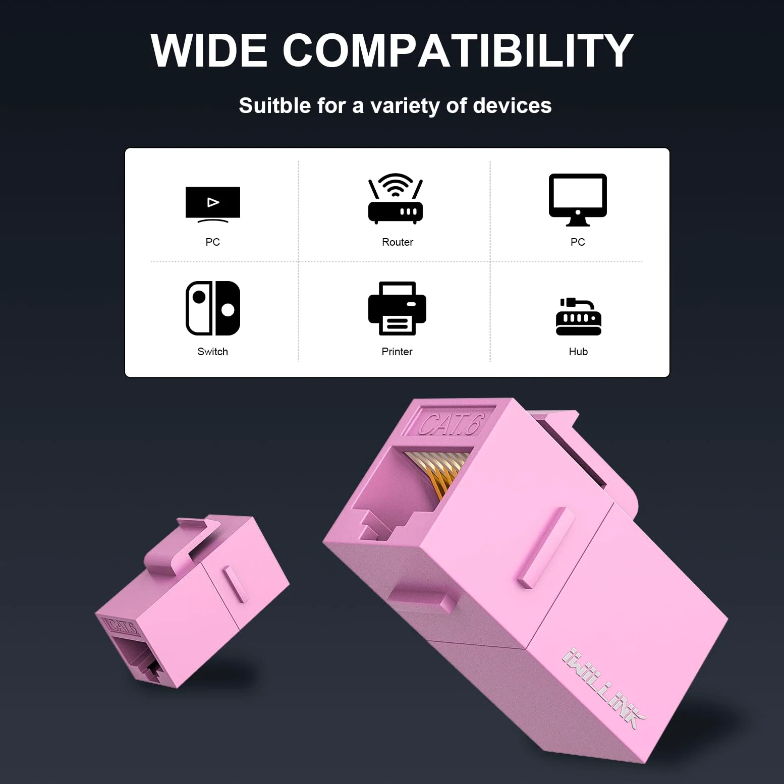 iwillink Lot de 25 coupleurs Keystone Cat6, femelle vers femelle Cat6 RJ45, coupleur Keystone UTP pour câble réseau Cat6/Cat5e/Cat5, rose