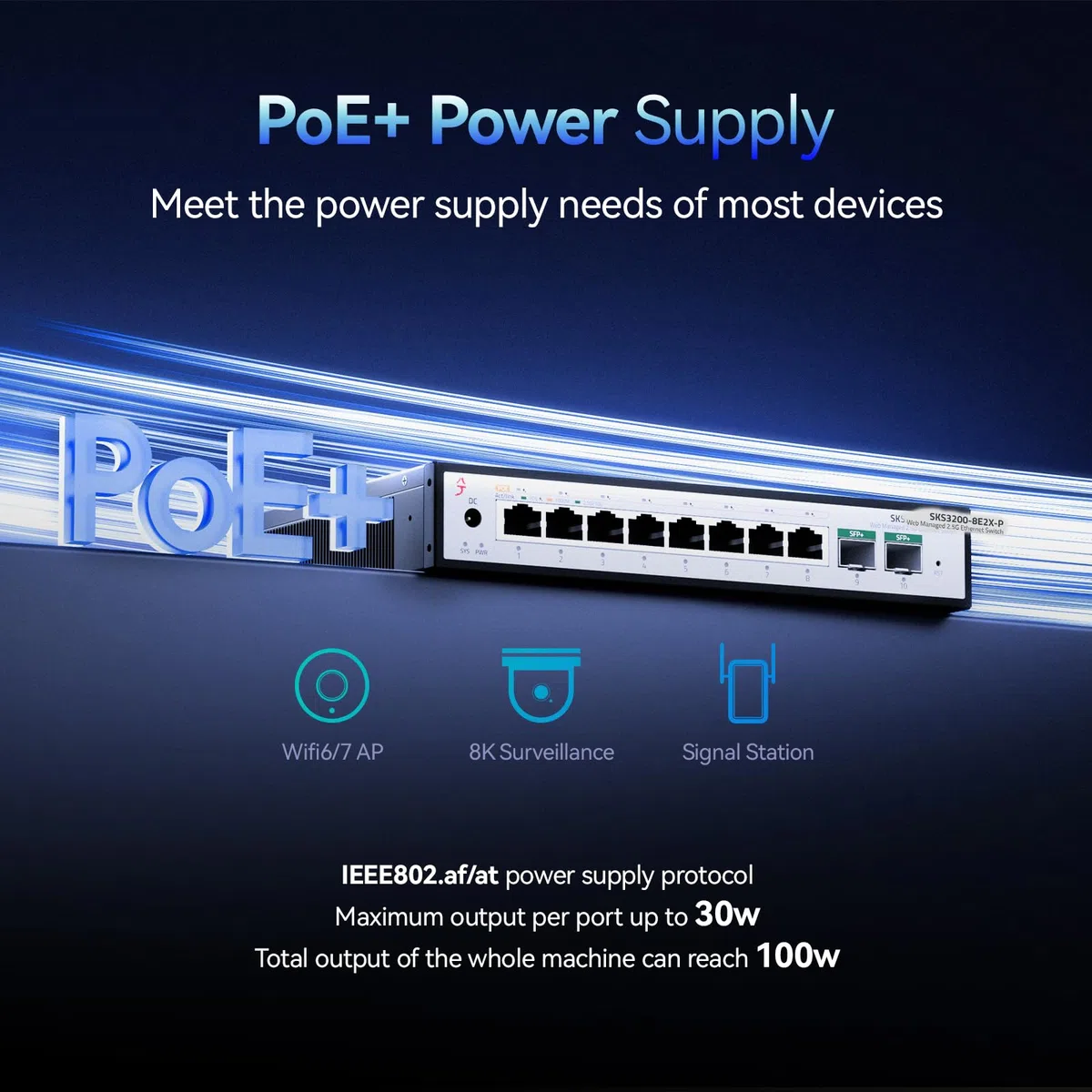 Commutateur PoE+ 10G 8 ports 2,5 G 2 x 10G SFP+ Uplink, L2+ Managed, SKS3200-8E2X-P VLAN/LACP, contrôle par application, pour caméras de surveillance et points d'accès