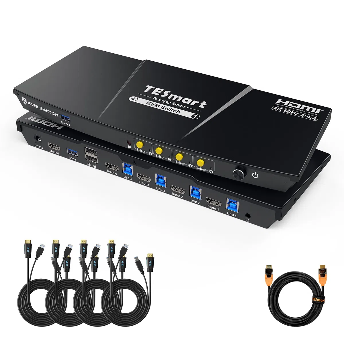 TESmart Pack KVM HDMI 4K@60Hz 4 PC 1 Moniteur + Câble HDMI 2.1 Fibre Optique 10 m 48 Gbit/s 8K@60Hz HDCP 2.3
