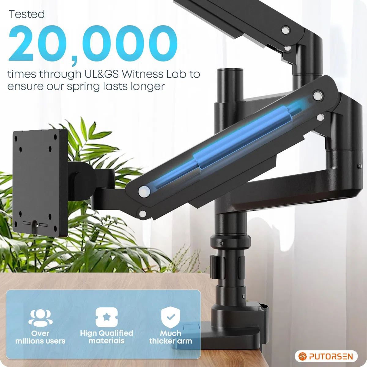 PUTORSEN Support Écran PC 2 Écran pour 17 à 49 Pouces, Ressort à Gaz Réglable en Hauteur Bras Double avec Incline Pivote et Tourne, Capacité de Charge 2-20kg, VESA 75 et 100mm
