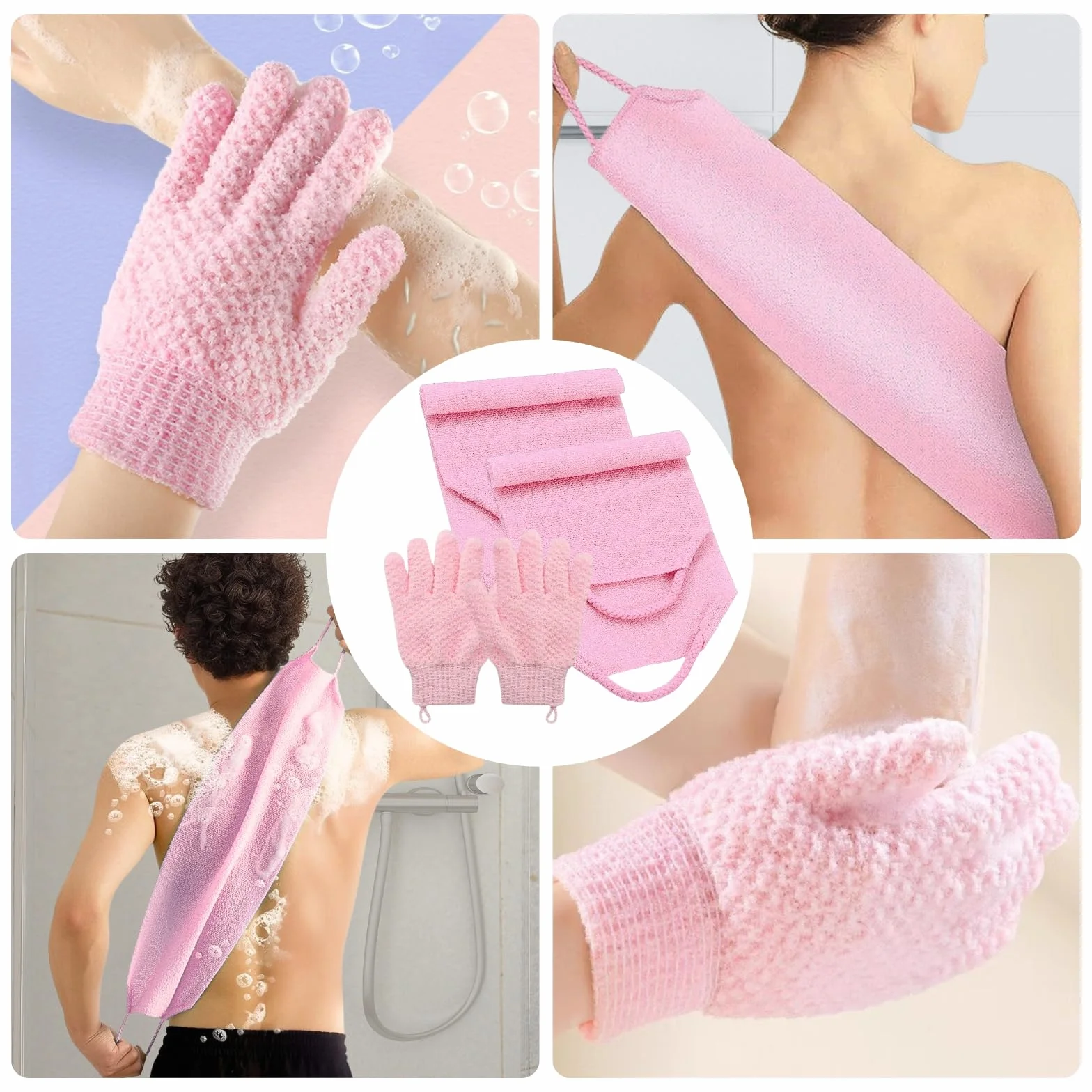 Gant Exfoliant Corps Set 2 Pièces Brosse Dos Douche Gant Gommage Visage Bain Rose