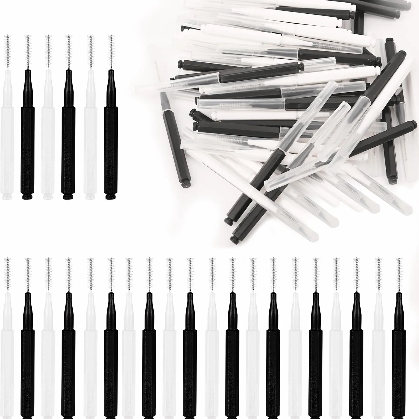 Lot de 60 micro-brosses à sourcils | Brosse à cils avec capuchon | Mini-brosse à cils pour extensions de cils (noir, blanc)