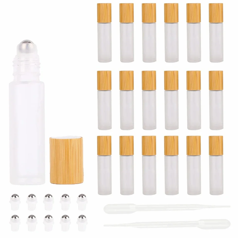 Flacons à bille en verre dépoli 10 ml avec couvercle en bambou pour huiles essentielles