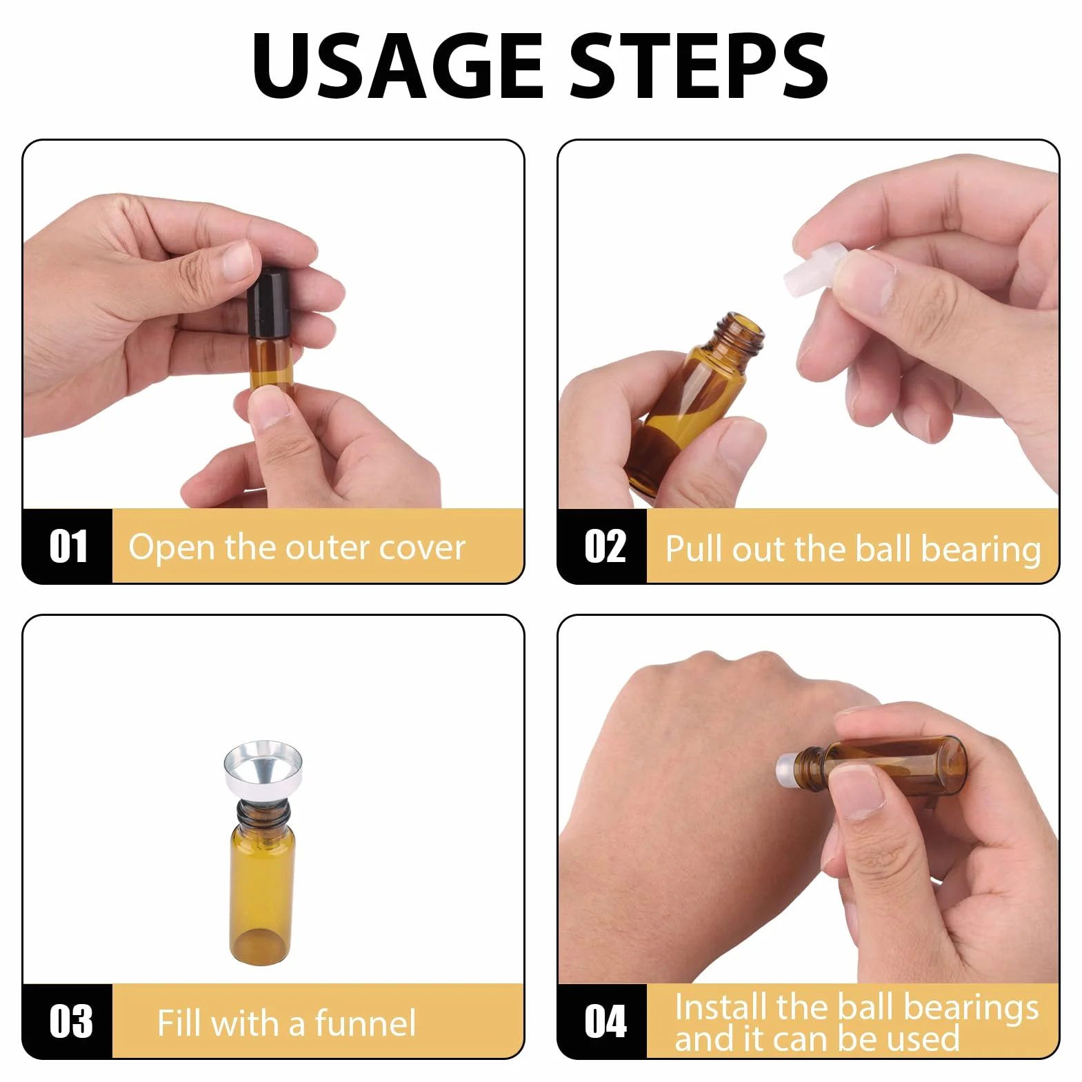 Bouteilles en verre marron 5 ml avec rouleaux et compte-gouttes, lot de 24 pour huiles essentielles