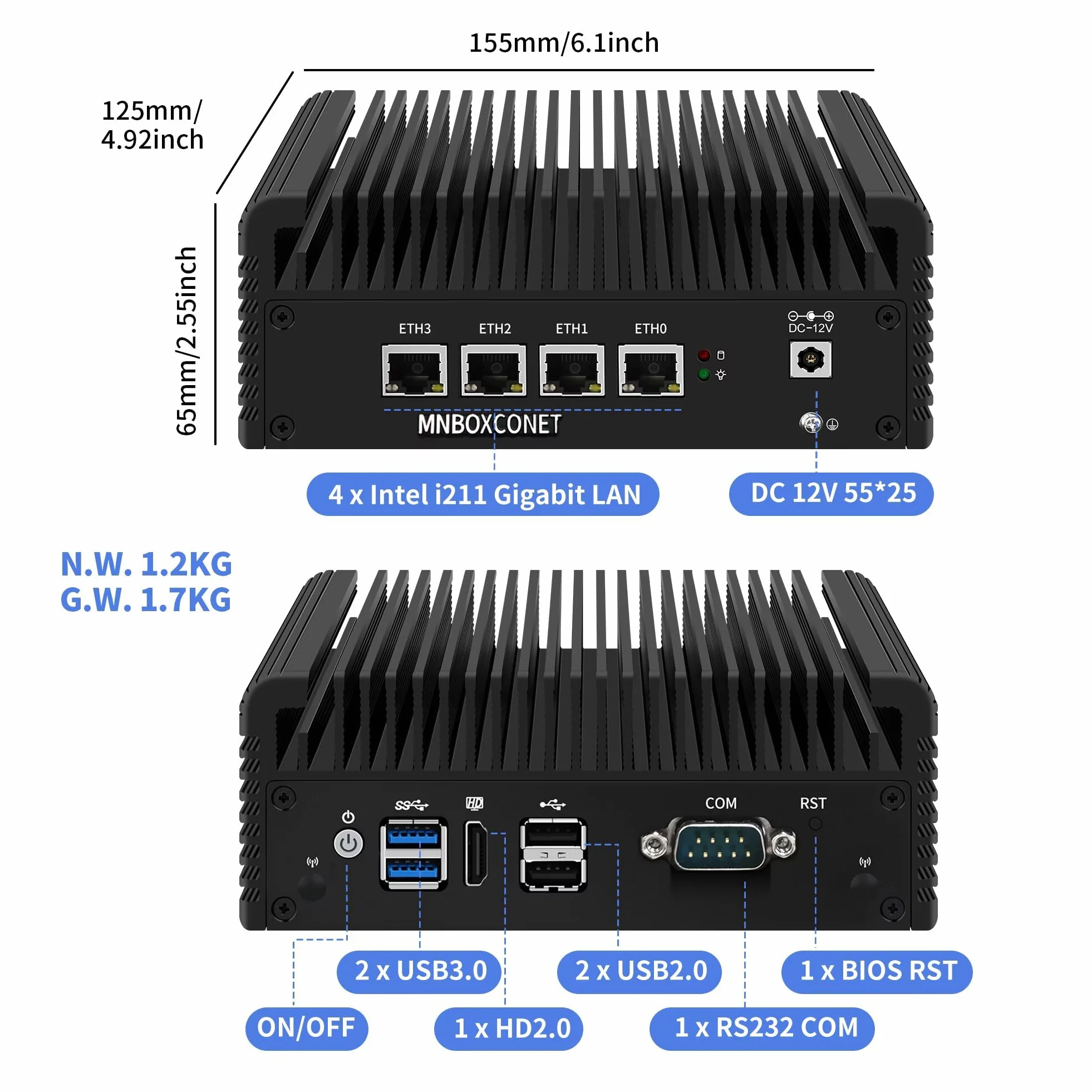 Firewall Hardware Industrie Mini PC Fanless J4125, Micro PC Application Router Embedded Computer, Barebone NO RAM NO SSD, 4 x i211 LAN, RS232 COM, Auto Power on
