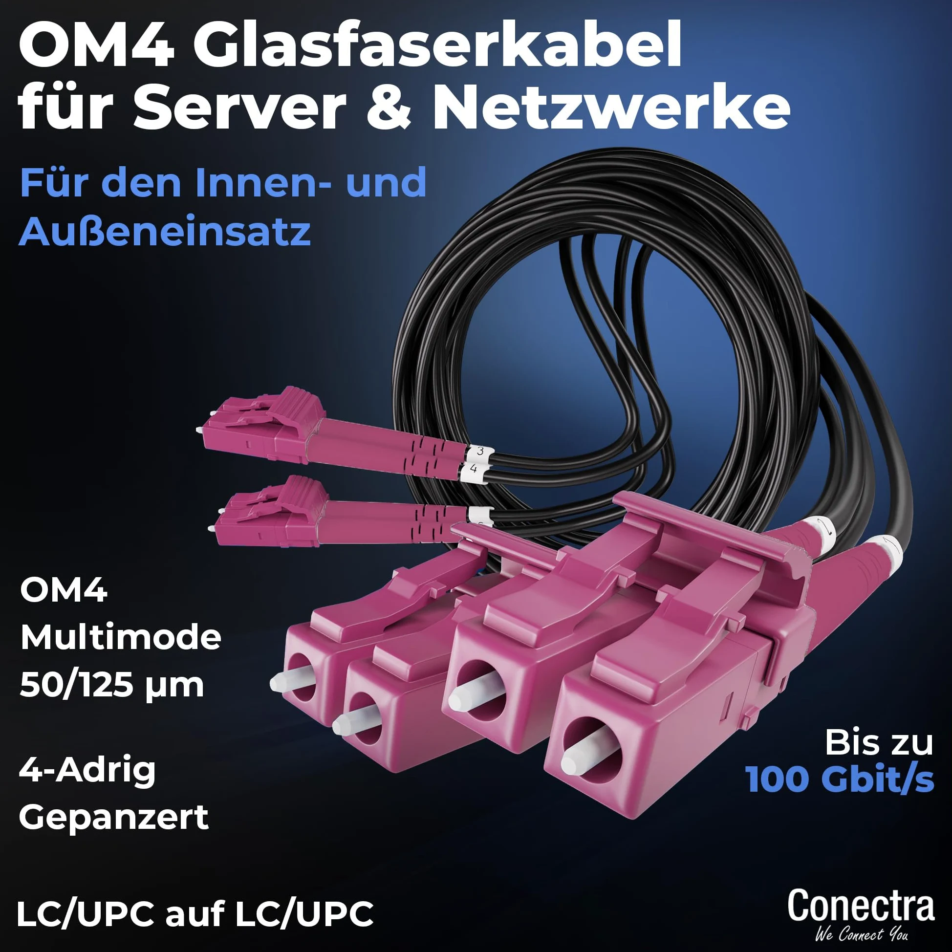 40m Câble Fibre Optique Blindé 4 Brins OM4 LC/UPC ⌀4mm | Multimode 50/125µm, Jarretière Rallonge Cordon, Breakout sans Épissures, Intérieur/Extérieur, Noire, LSZH