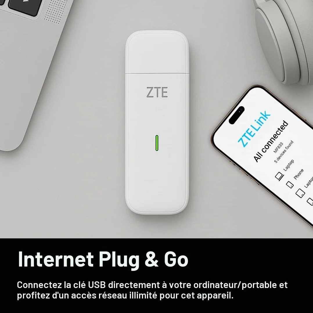 ZTE MF833 Dongle USB CAT4 4G débloqué 150 Mbps multibande Garantie 2 Ans Blanc