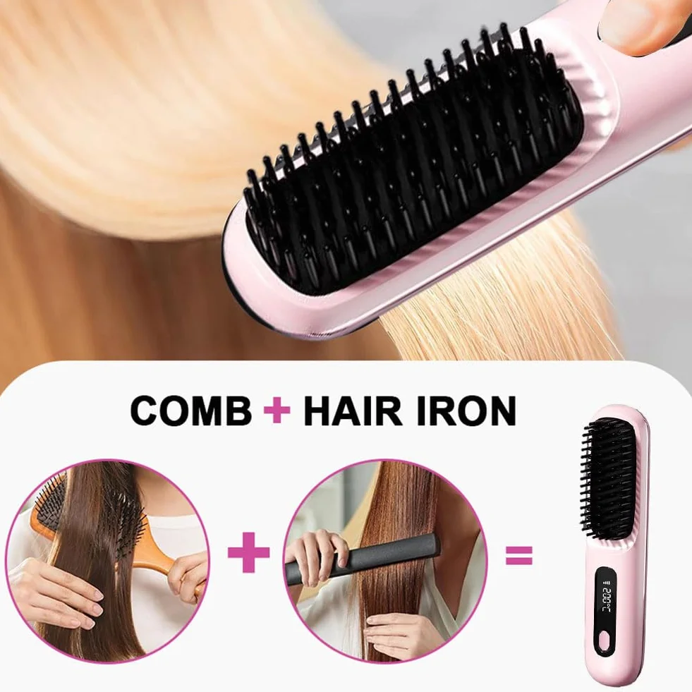 Brosse à Cheveux électrique sans fil Rechargeable Chauffante avec affichage LED 3 Niveaux de Température Lisser Boucler Rose