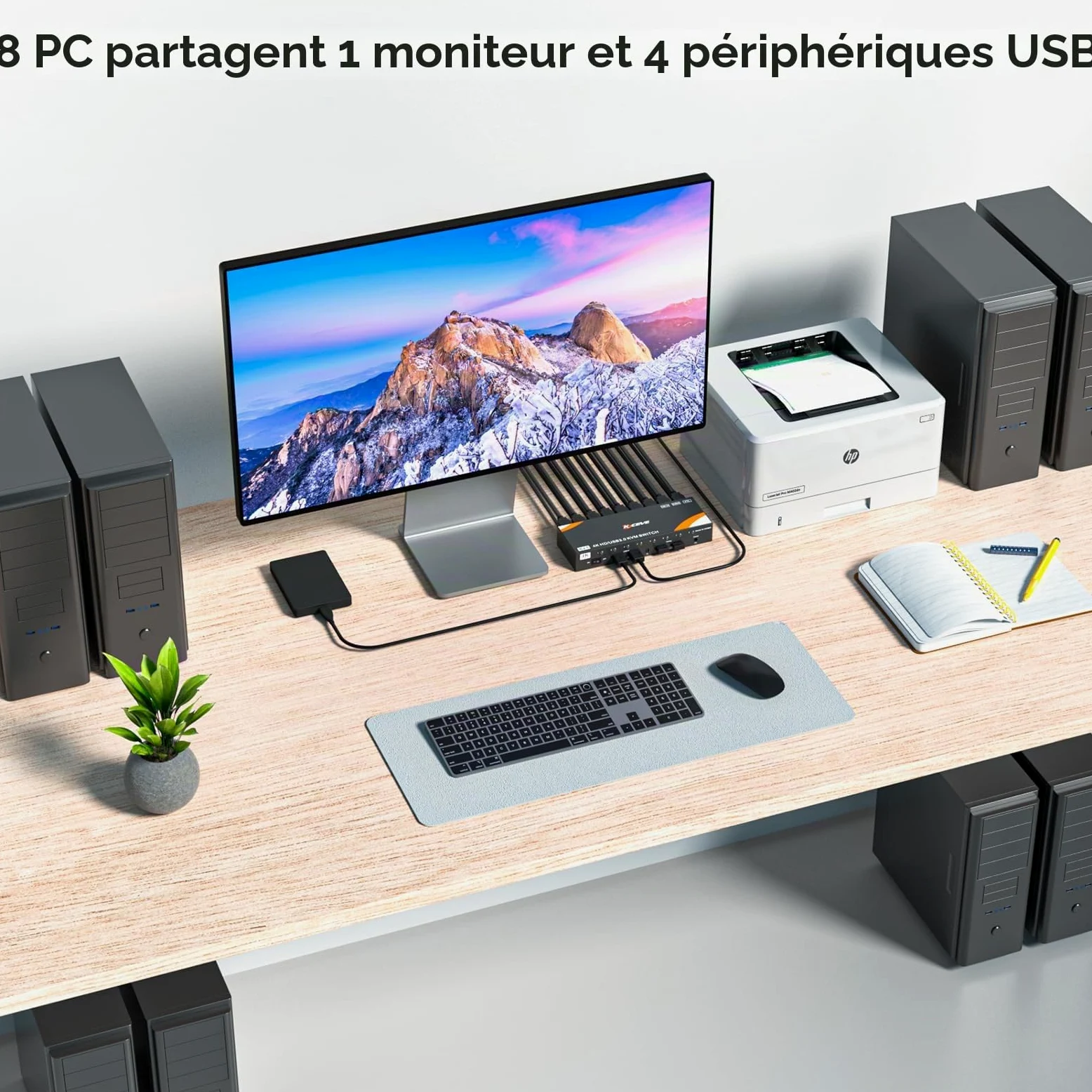 Commutateur KVM HDMI 8 ordinateurs et 1 moniteur, commutateur KVM USB 3.0 avec prise en charge 4K @ 60 Hz pour 8 PC avec clavier et souris communs, compatible avec Windows/Linux/Mac, etc