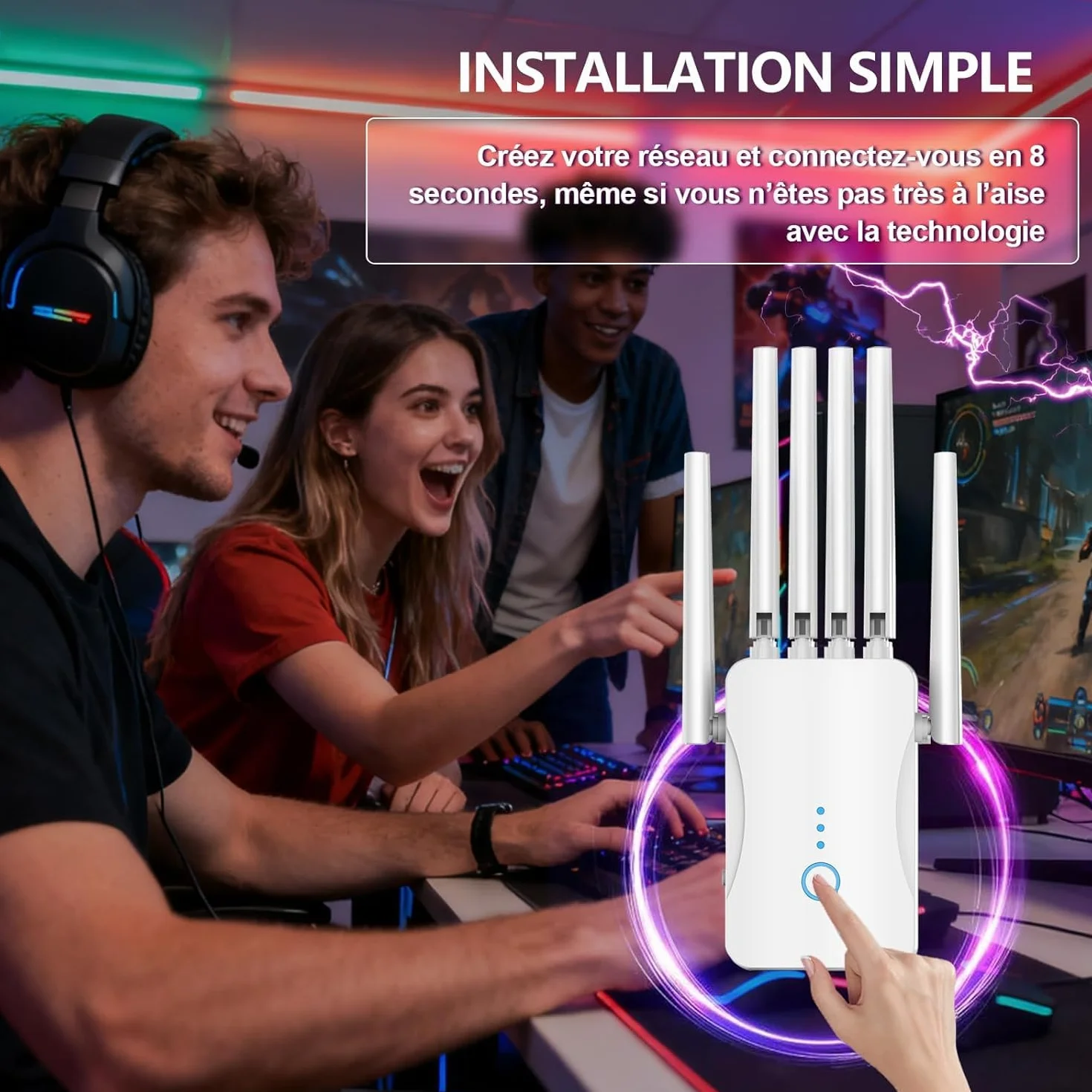 Amplificateur WiFi Puissant 6 Antennes, Répéteur WiFi Couverture 9000 pi², Mode AP, Maison Bureau
