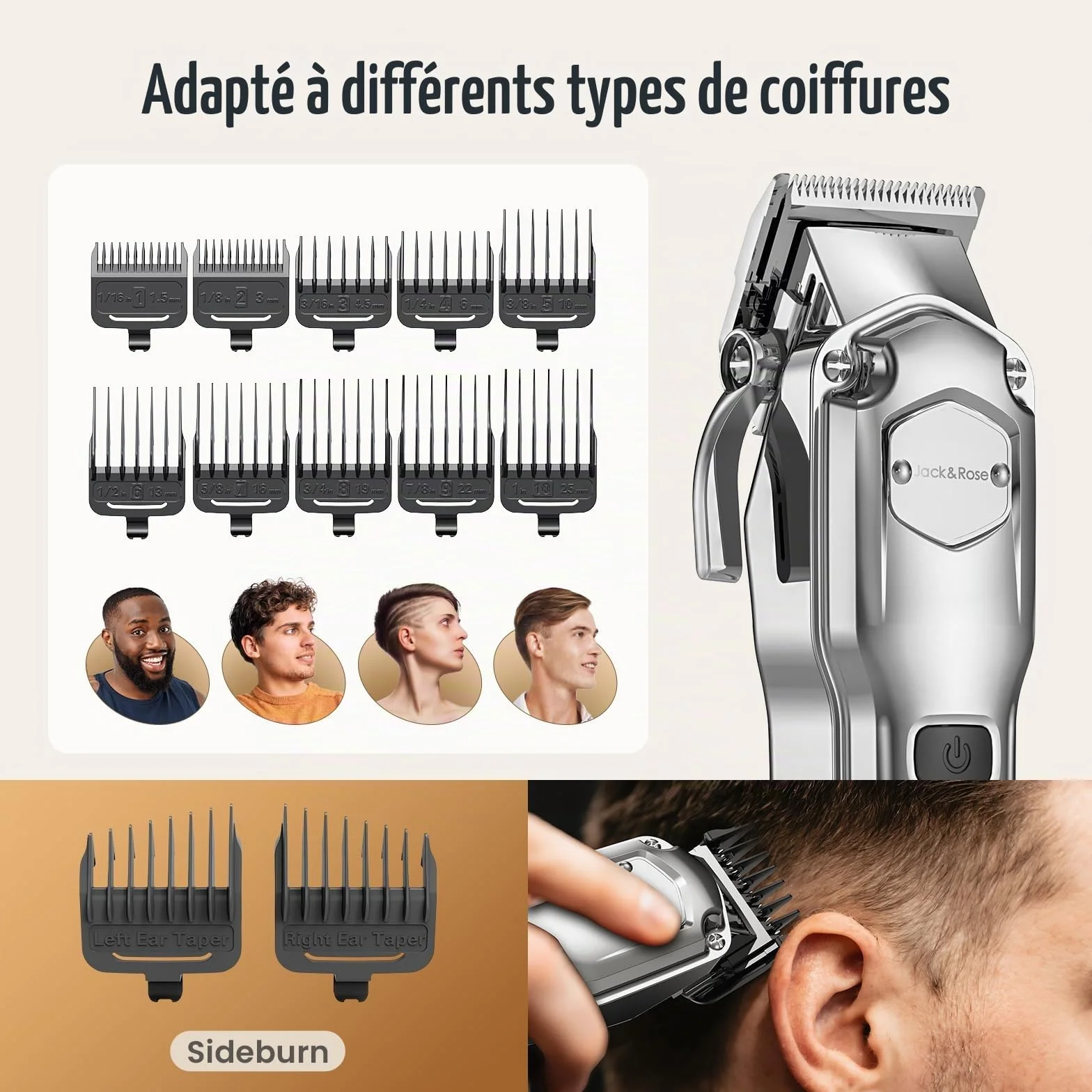 Jack & Rose Tondeuse Cheveux Hommes Sans Fil IPX7 Étanche Recharge USB