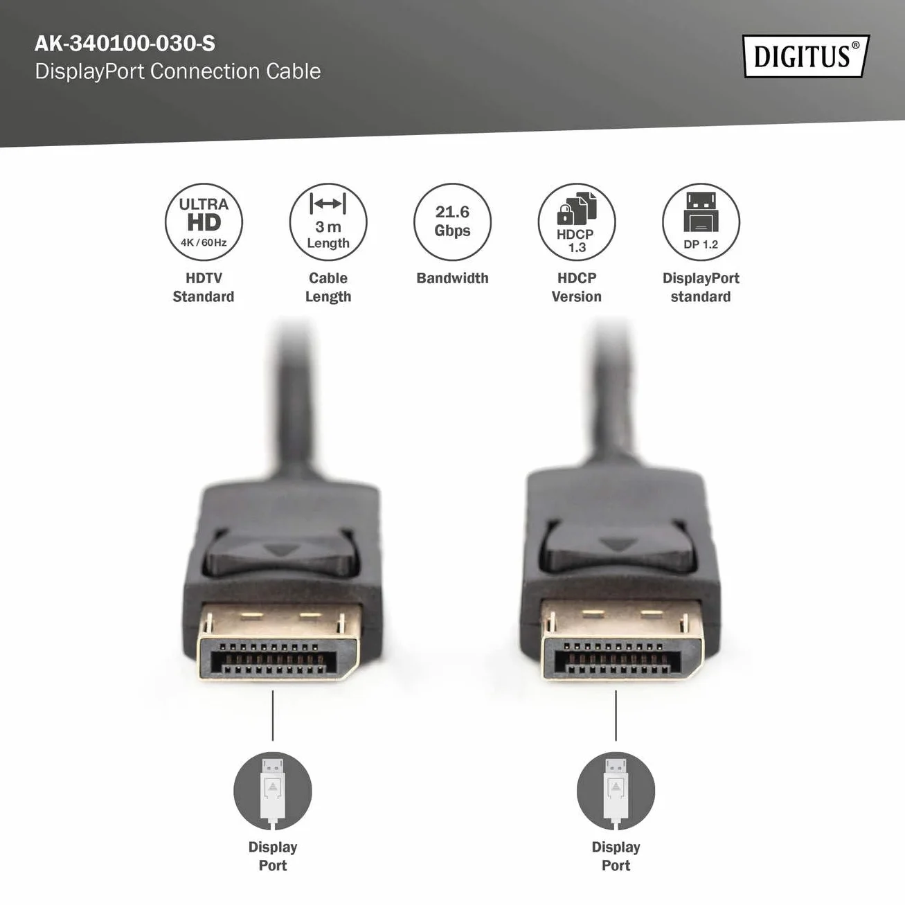 DIGITUS Câble DisplayPort 4m UHD 4K/60Hz HBR 2 Verrouillage