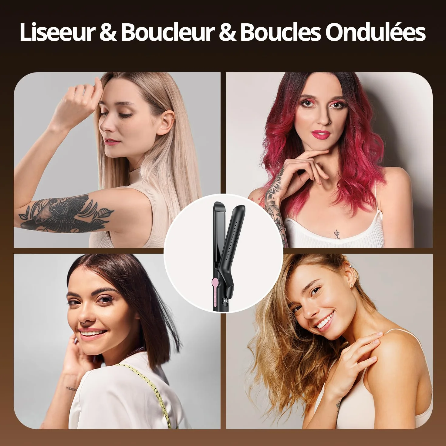 CrazyMar Lisseur à Air Froid 2-en-1 9 Températures 110-230°C Boucleur Ionique Cheveux Bouclés Lisses Noir