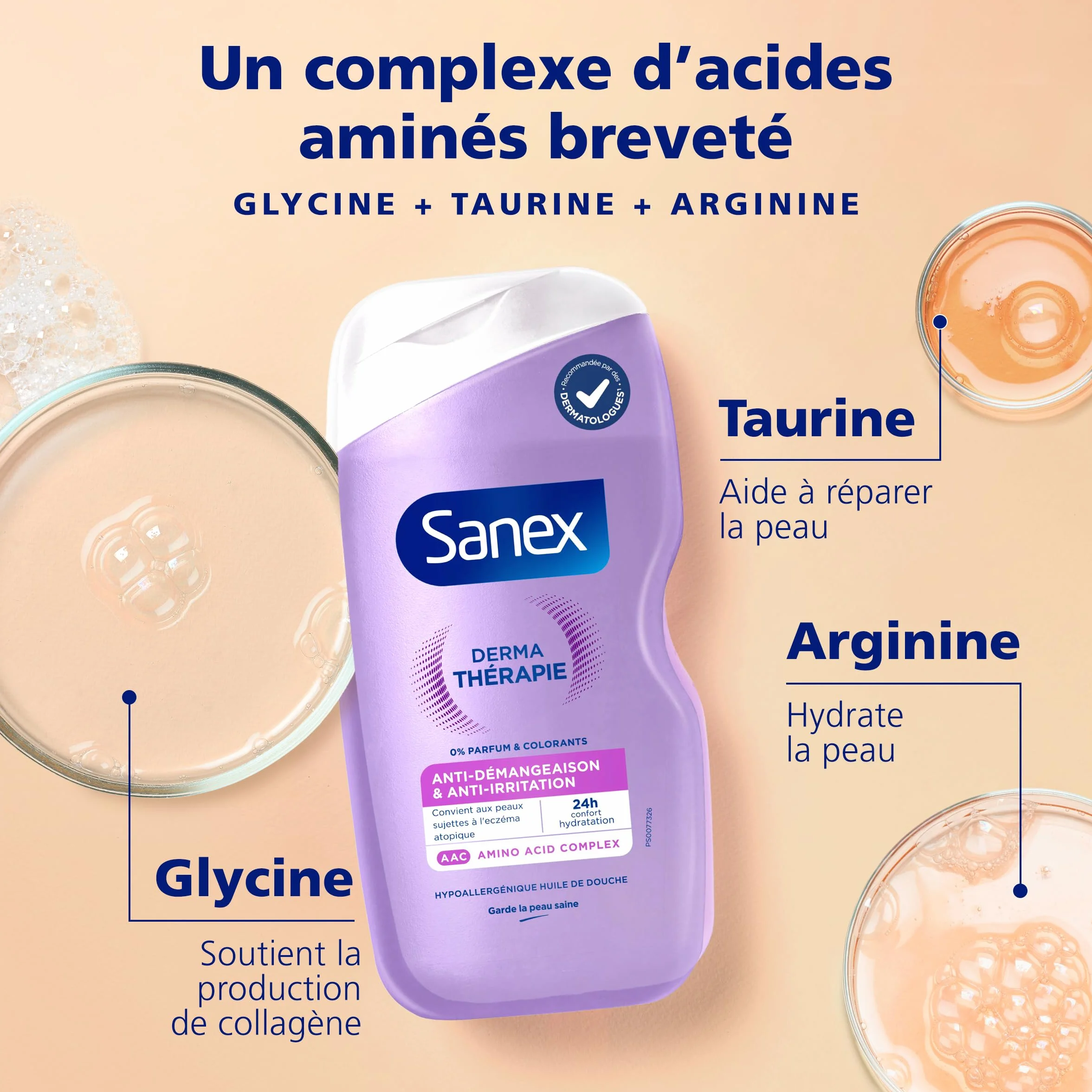 SANEX Derma Thérapie Huile de douche anti-démangeaisons Gel Douche Peaux sujettes à l’eczéma atopique hypoallergénique 725ml