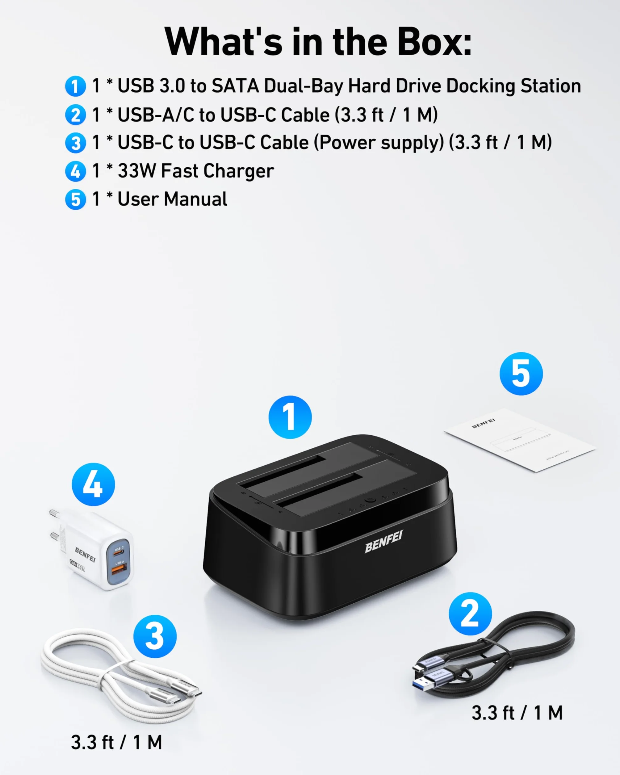 BENFEI Station d'accueil pour Disques Durs avec Clonage Hors Ligne, Dock Double Baie USB-C pour HDD/SSD 2.5/3.5", 5 Gbit/s