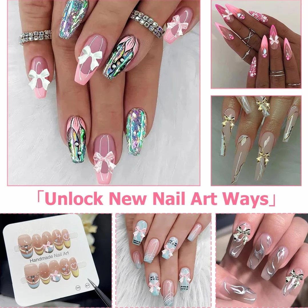 Set Charms Ongles 12 Compartiments 3D Noeud Papillon Résine Perles Cœur Fleur Crayon Cire Pince Strass