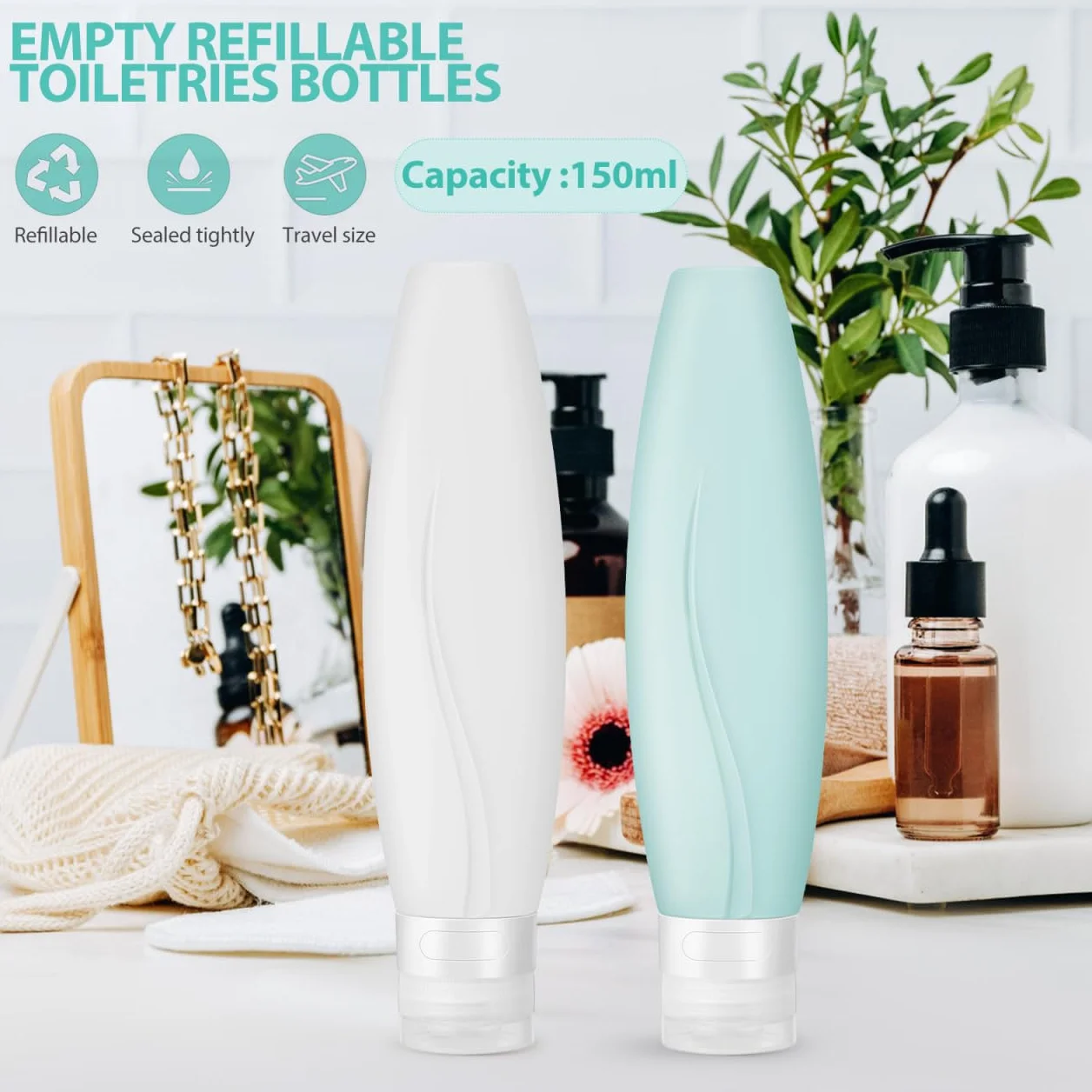 Garneck Lot de 2 bouteilles de voyage en silicone rechargeables 150 ml