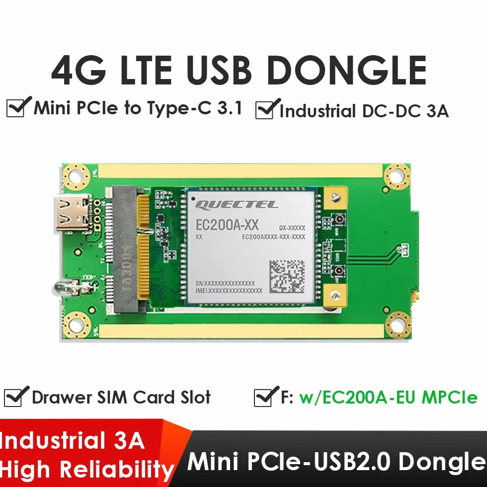 EXVIST Dongle 4G LTE EC200A-EU Mini PCIe LTE Cat 4 Double antennes externes Fente SIM Adaptateur Mini PCIe Type-C
