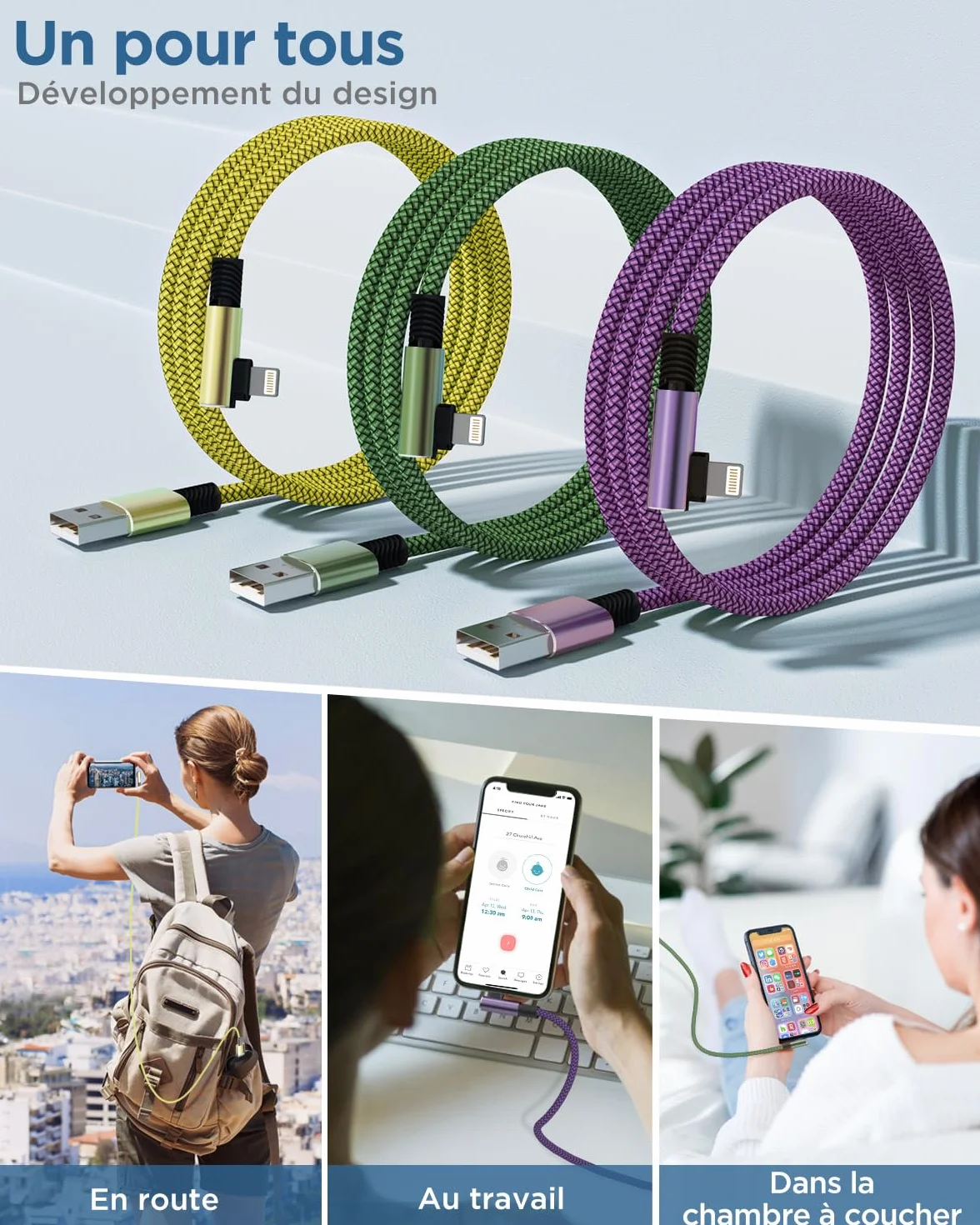 Câble iPhone MFi Charge Rapide Tressé 2m Lot de 3 USB Lightning pour iPhone 13/11/14/12 Pro Max Plus Mini XR XS 8 7 6S SE iPad Airpods