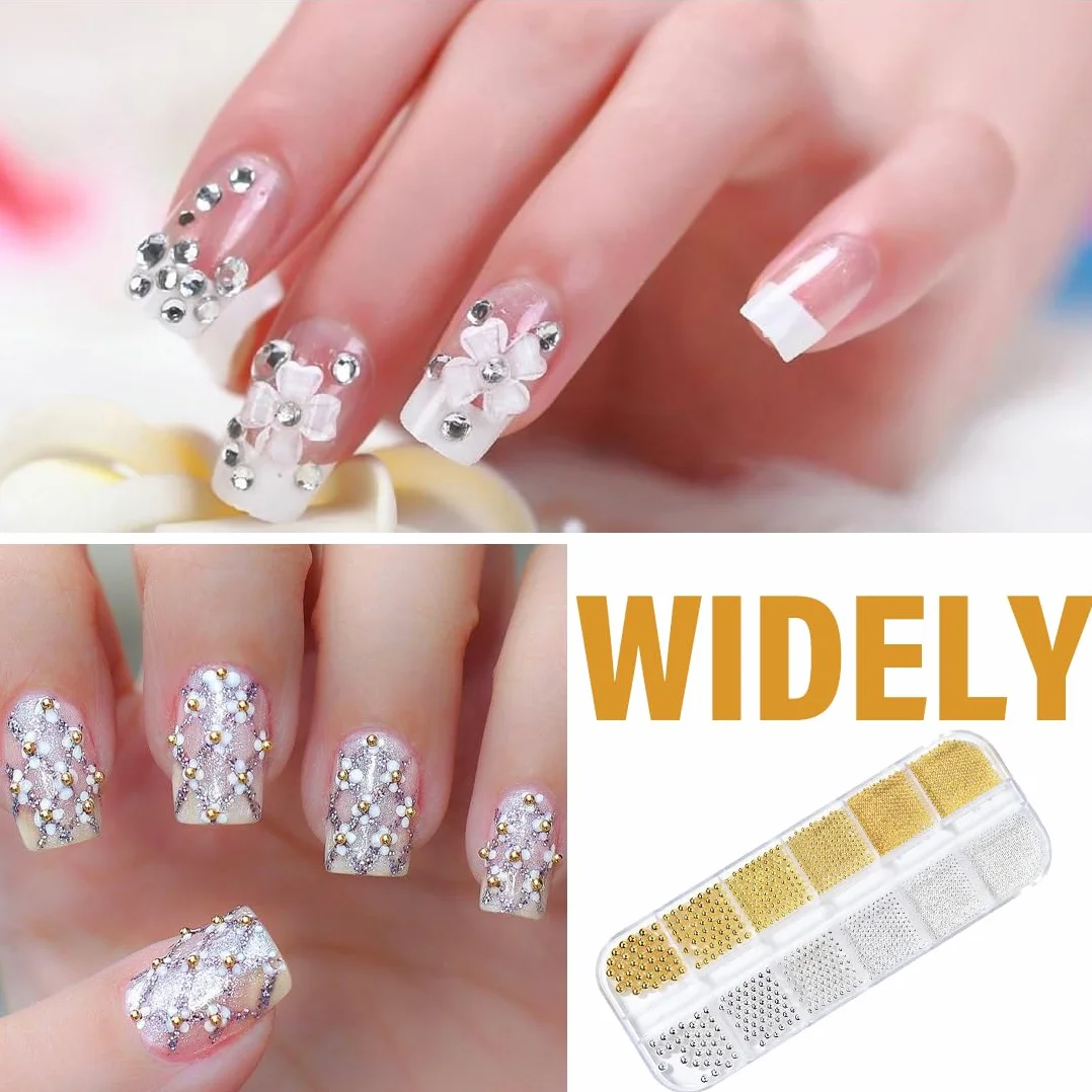 Perles à dos plat pour nail art, Lot de 2 boîtes en acier doré et argenté, 3D petite perle design deco ongle