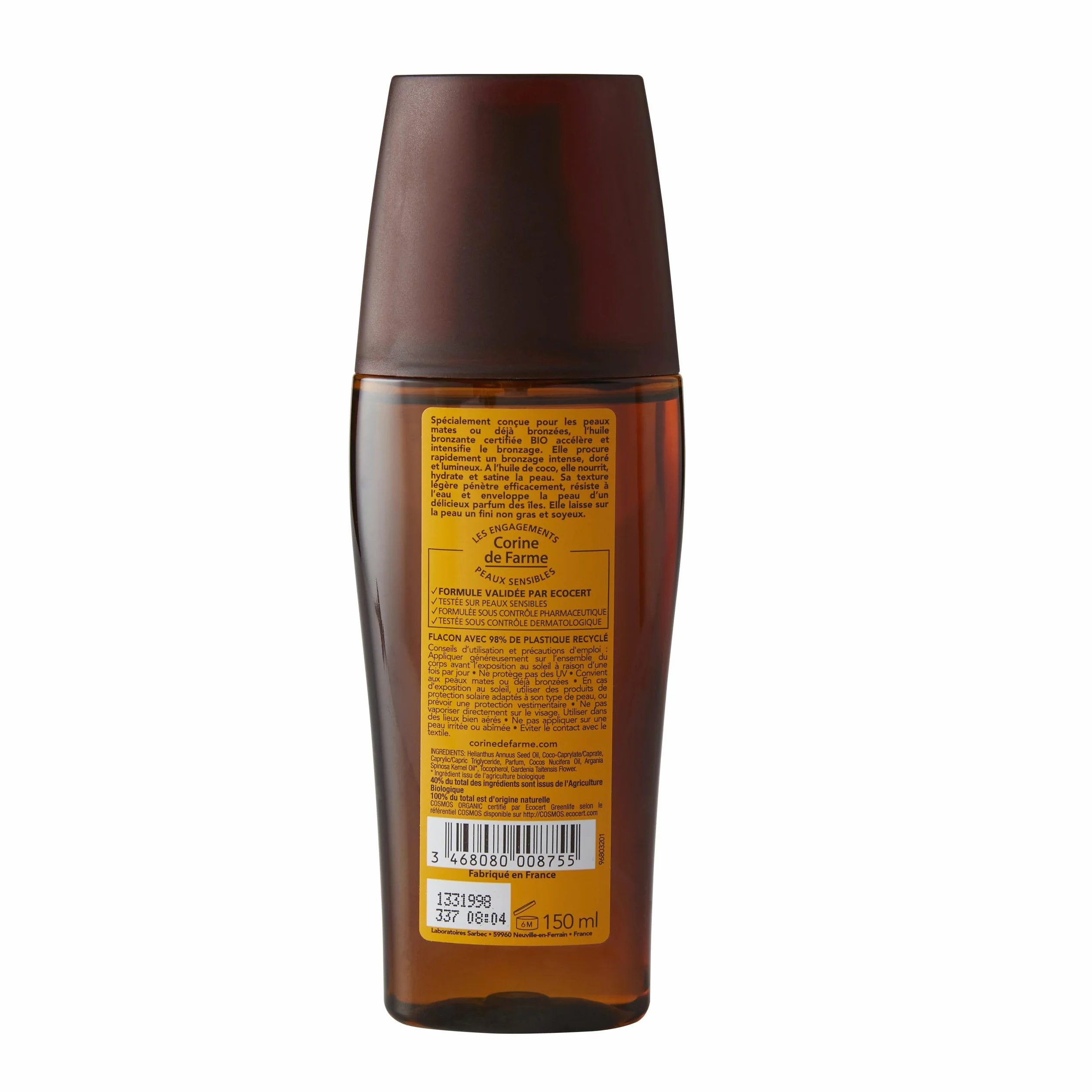 Corine de Farme Huile Ultra Bronzante Certifiée Bio Bronzage Rapide et Intense 150 ml