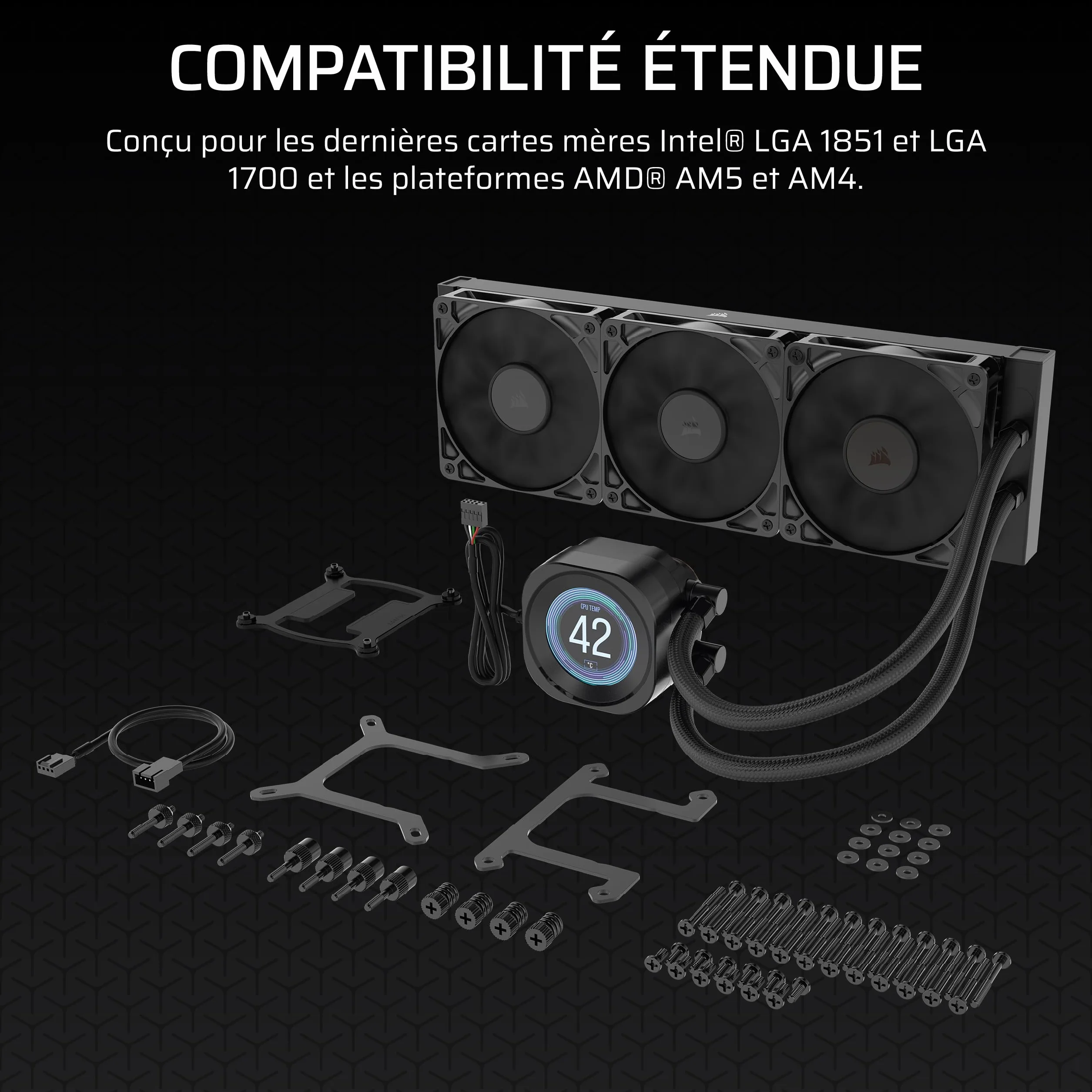 CORSAIR NAUTILUS 360 RS LCD AIO CPU Cooler Noir – Ecran LCD IPS 5.3cm, Radiateur 360mm, Intel LGA 1851/1700, AMD AM5/AM4