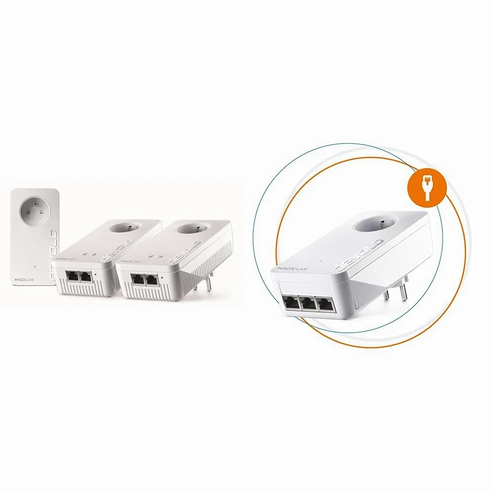 devolo Magic 2 WiFi 5 (AC) Multiroom Kit : 3X Adaptateurs CPL WiFi, Prise Gigogne & Magic 2 LAN Triple Adaptateur d'extension : 1x Adaptateur CPL, Prise Gigogne (2 400 Mbits, 3X Gigabit Ethernet)