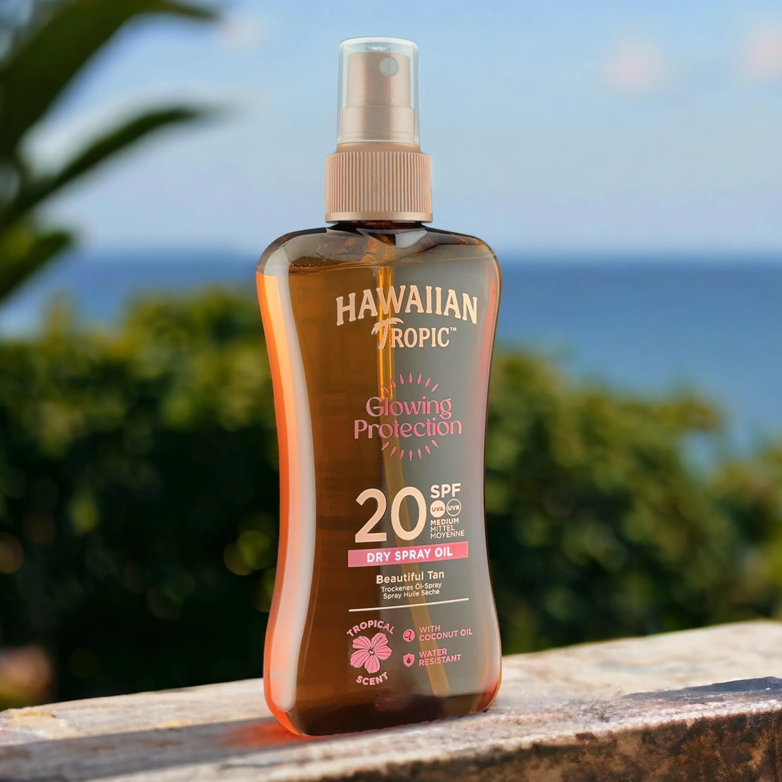 Hawaiian Tropic Glowing Protection Huile Sèche Écran Solaire SPF 20 UVA UVB 200 ml Résistant à l'eau Végan