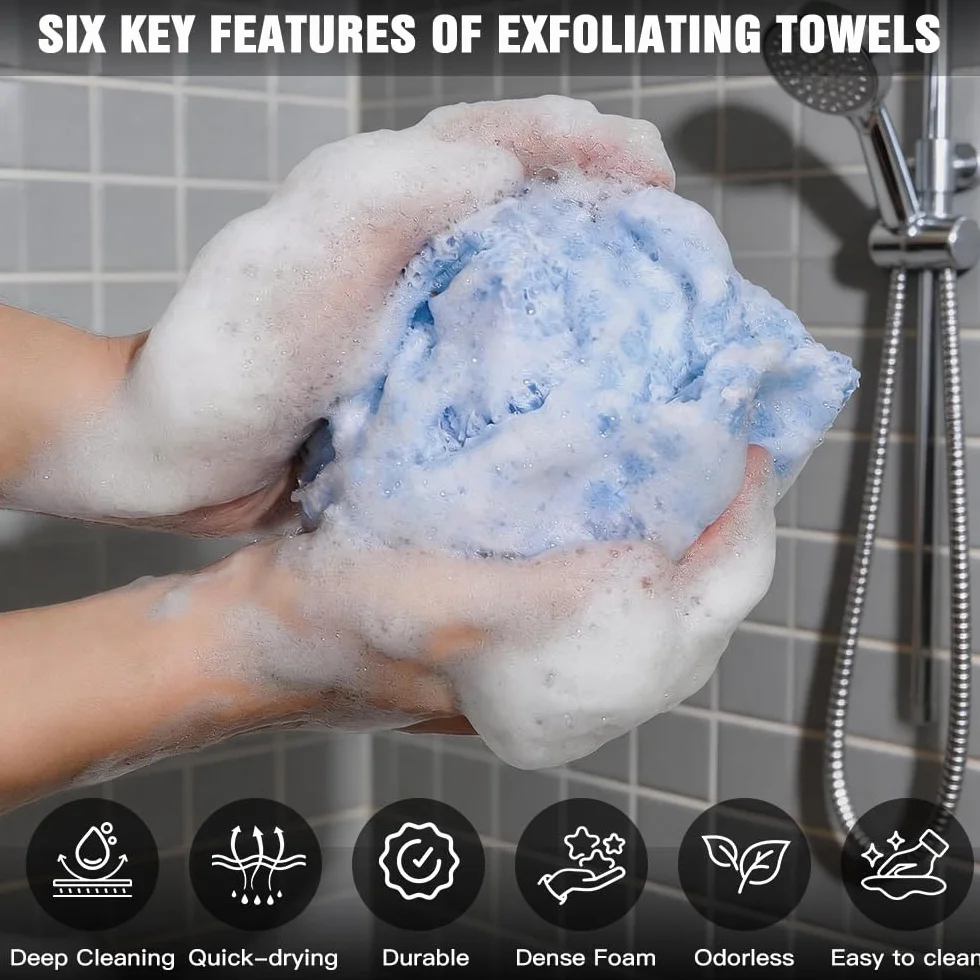 Serviette Exfoliante Douche 2 Pièces Brosse de Dos Gant Exfoliant Éponge Gommage Corps Rose Bleu