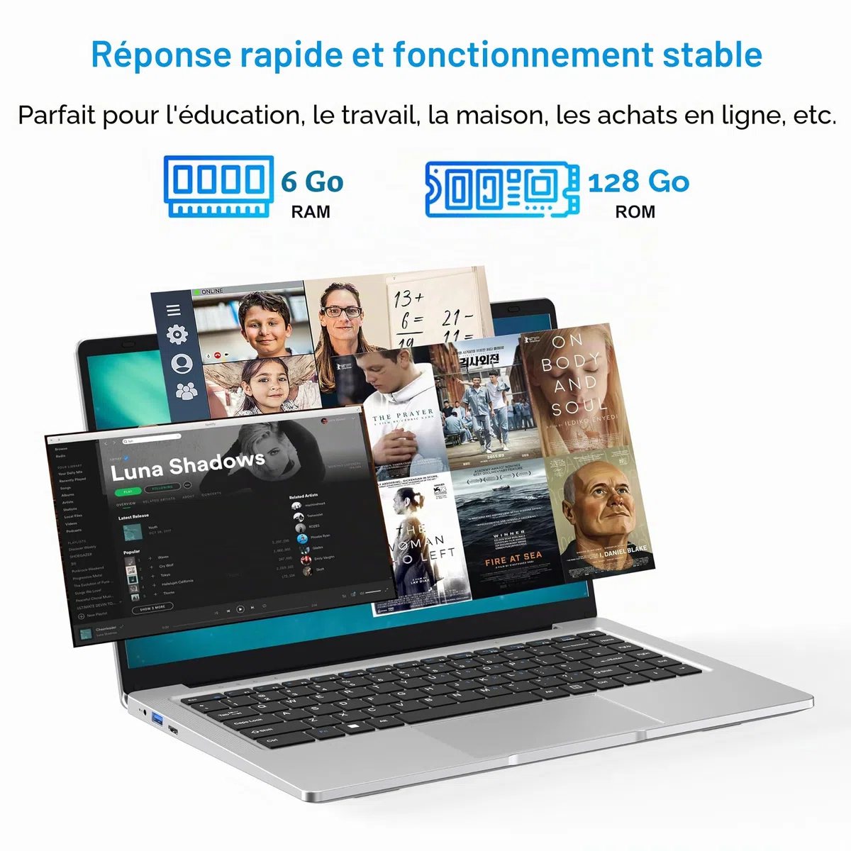 Ordinateur Portable 14,1" HD, 6 Go RAM, SSD 128 Go, Processeur Double Cœur, Wi‑Fi 2,4G/5G & Bluetooth, Design Silencieux Sans Ventilateur, PC Portable Léger avec Souris Offerte & Clavier Confortable