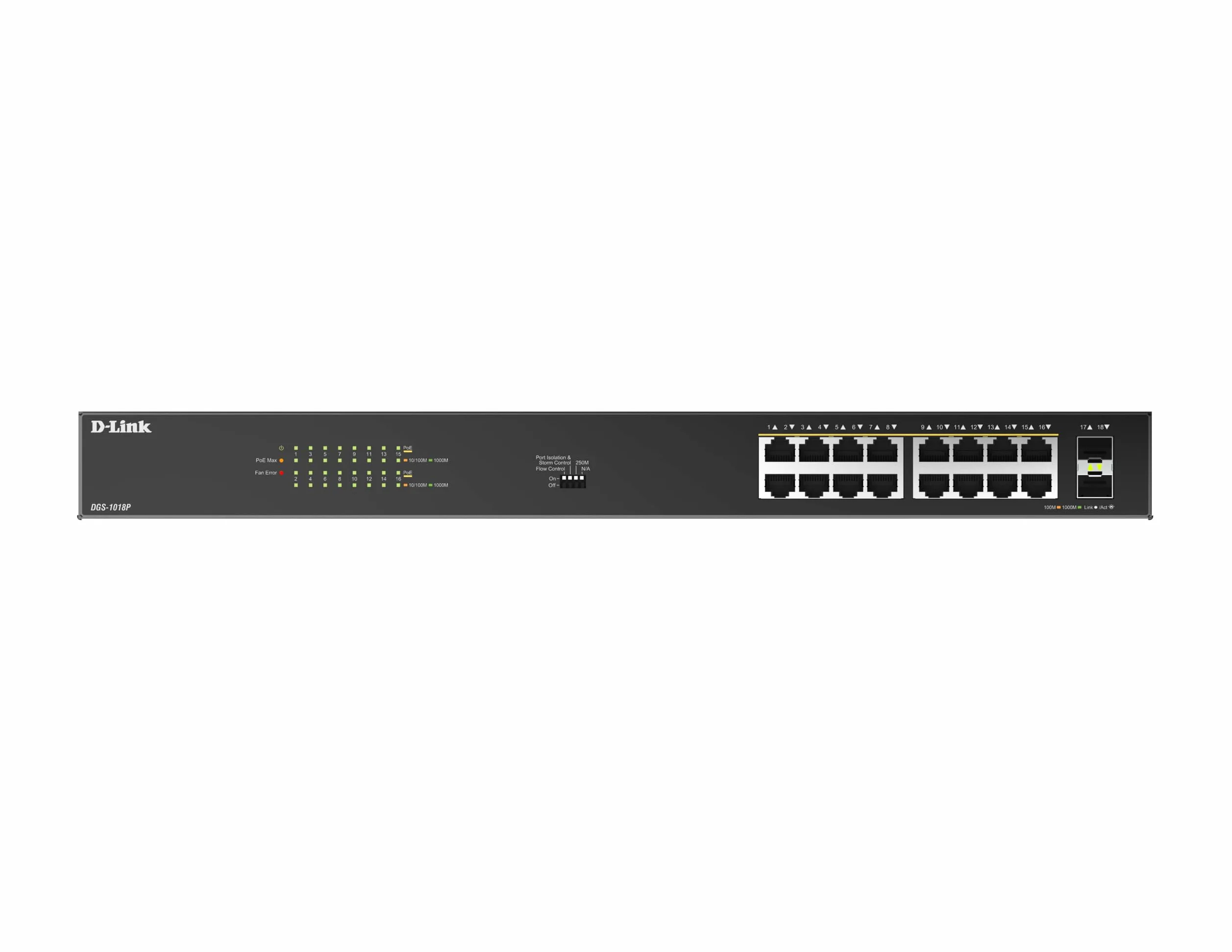 D-Link DGS-1018P Switch Gigabit PoE Non Administré 18 Ports – 16 Ports PoE+ (240W), 2 Uplinks SFP, Plug-and-Play, Boîtier Métallique Ventilé, Rackable, IEEE 802.3af/at, Écoénergétique