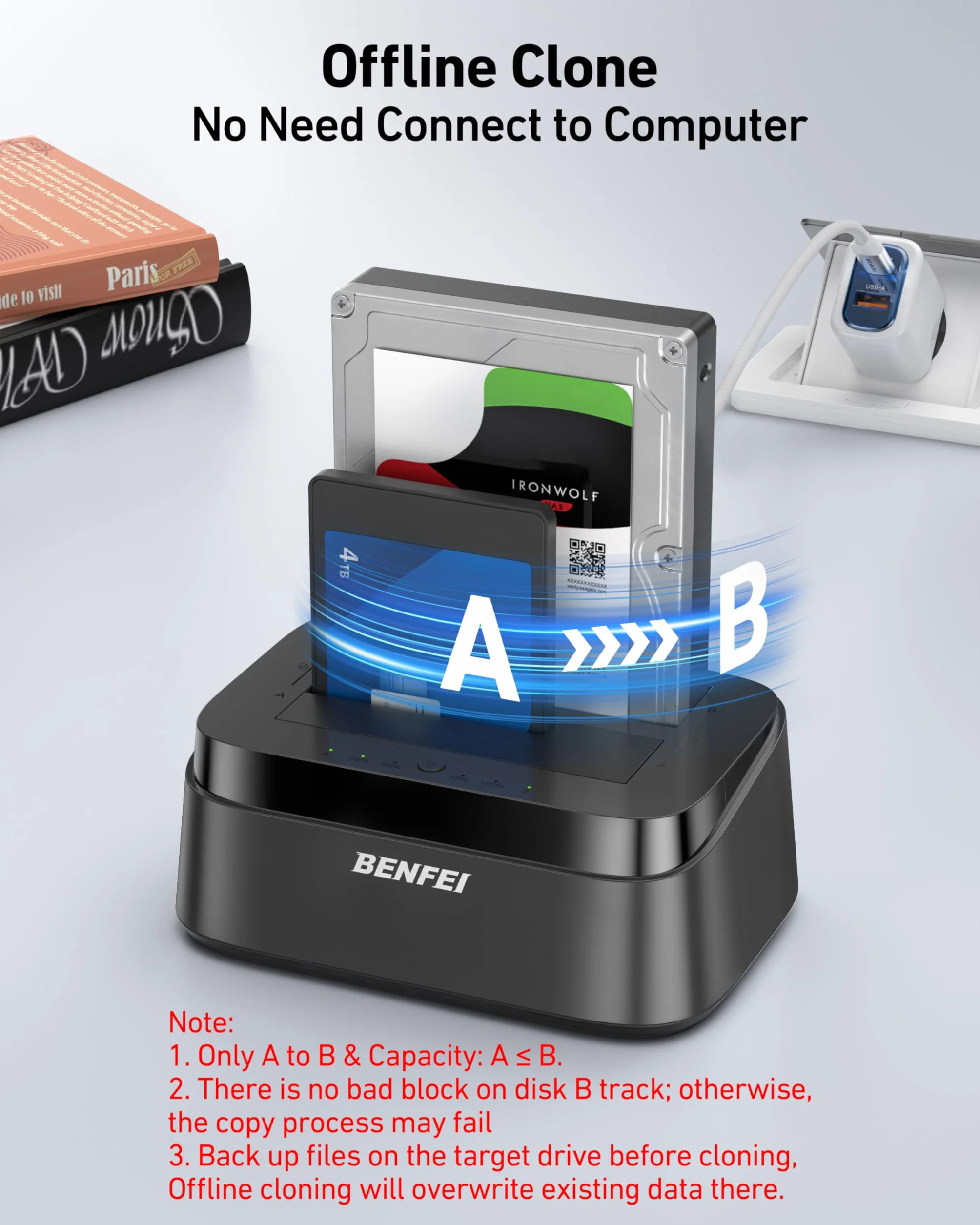 BENFEI Station d'accueil pour Disques Durs avec Clonage Hors Ligne, Dock Double Baie USB-C pour HDD/SSD 2.5/3.5", 5 Gbit/s