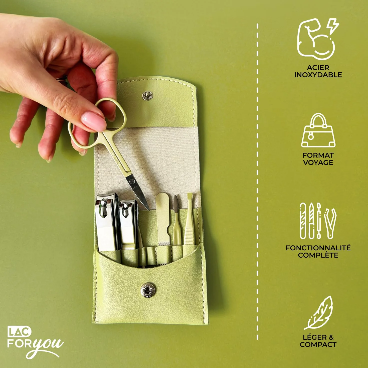 Kit Manucure 7 Pièces Professionnel pour Ongles Mains et Pieds - Trousse Vert