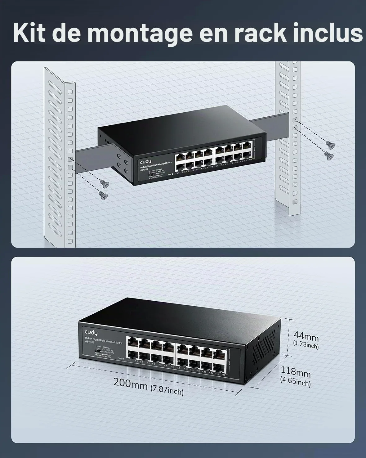 Cudy Commutateur Intelligent Gigabit à 16 Ports, 32 Gbit/s, GS1016E | 16 ports GbE, transfert à débit de ligne, isolation des ports/mode 250 m, boîtier SPCC, 200 × 118 × 44 mm, profe