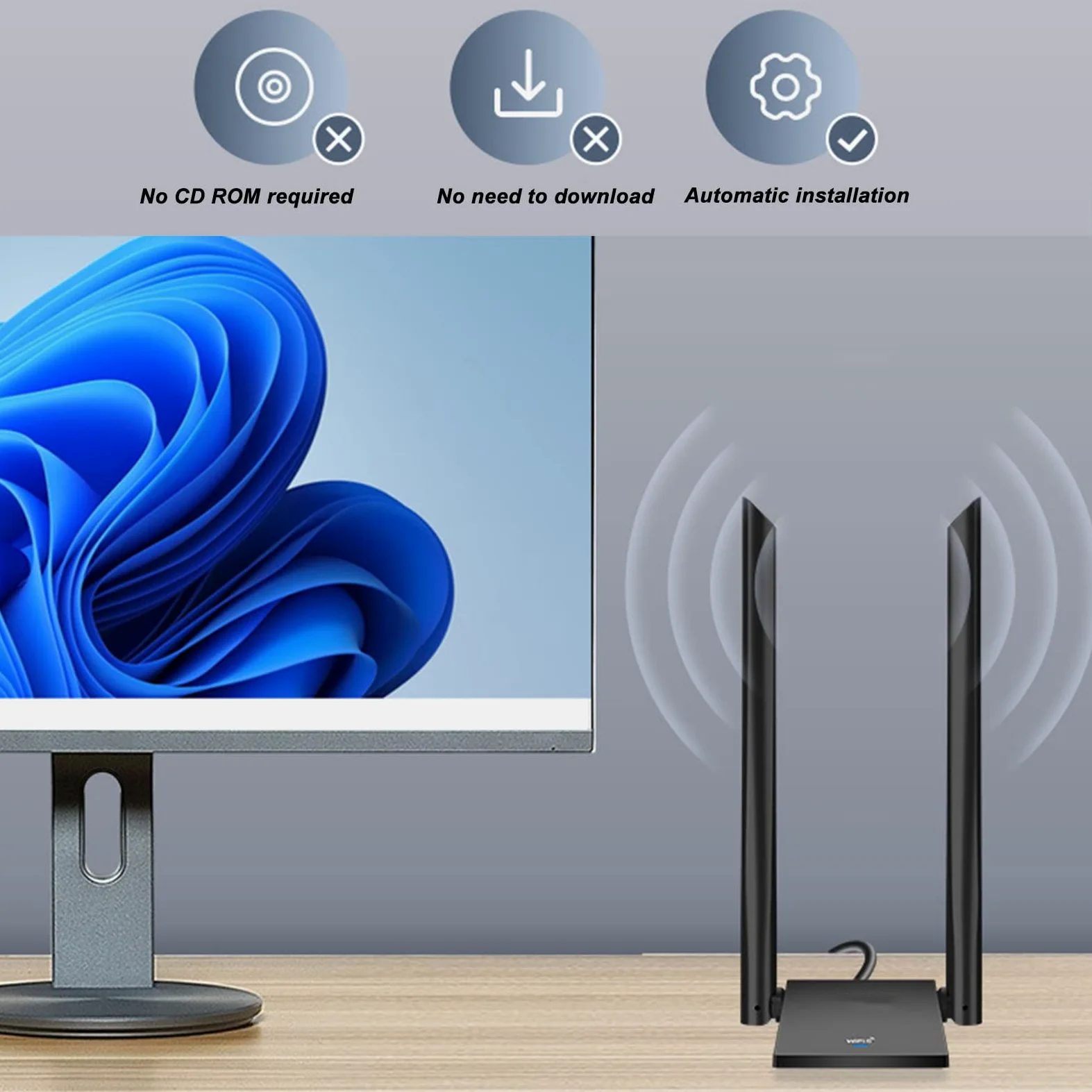 Yunseity Adaptateur USB WiFi 6, Adaptateur Réseau sans Fil 2,4 GHz 5 GHz avec 2 Antennes à Gain élevé, Clé USB WiFi WPA3 1800m sans Fil pour l'ordinator de Bureau