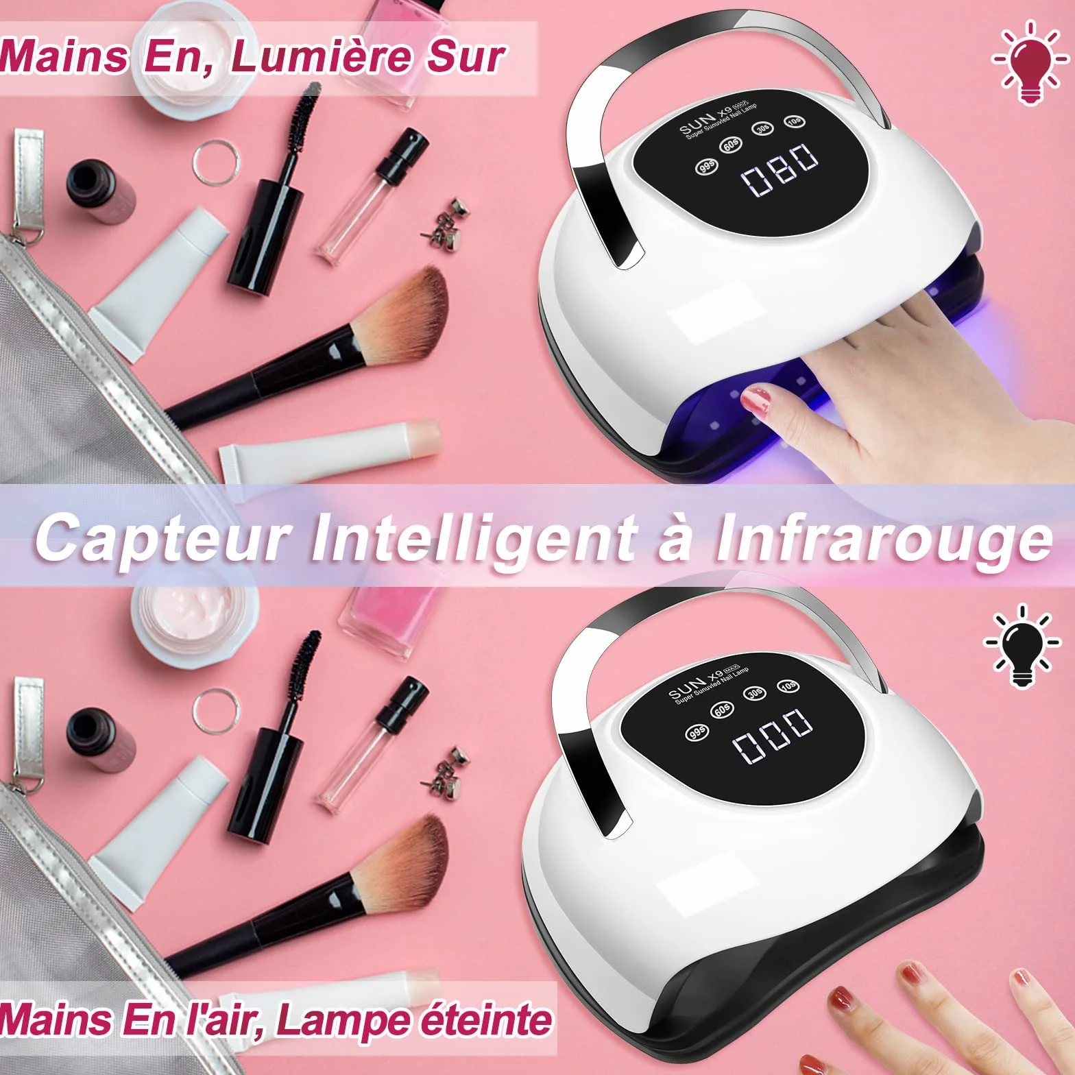 Lampe UV Ongles Gel 220W Professionnelle avec 4 Minuteries Écran Tactile Capteur Automatique Poignée Portable (Blanc)