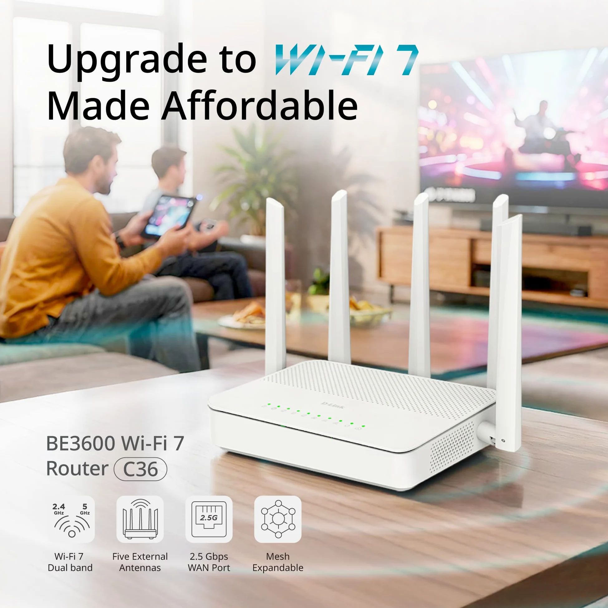 C36 Routeur Wi-FI 7 D-Link BE3600 Routeur Gigabit Double Bande avec Port WAN 2,5G, Multi-Link Operation MLO, sécurité WPA3, 5 antennes Haute Performance, Mesh et Application Falcon