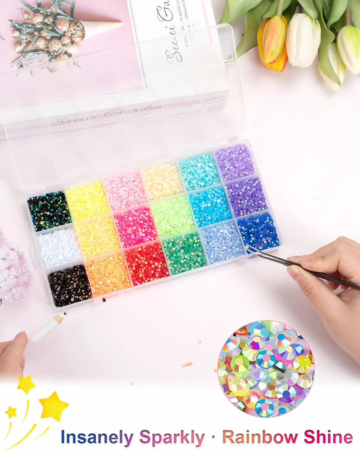 Kit de 18 couleurs 22 000 strass à dos plat 3 mm avec stylo pour nail art, vêtements, chaussures