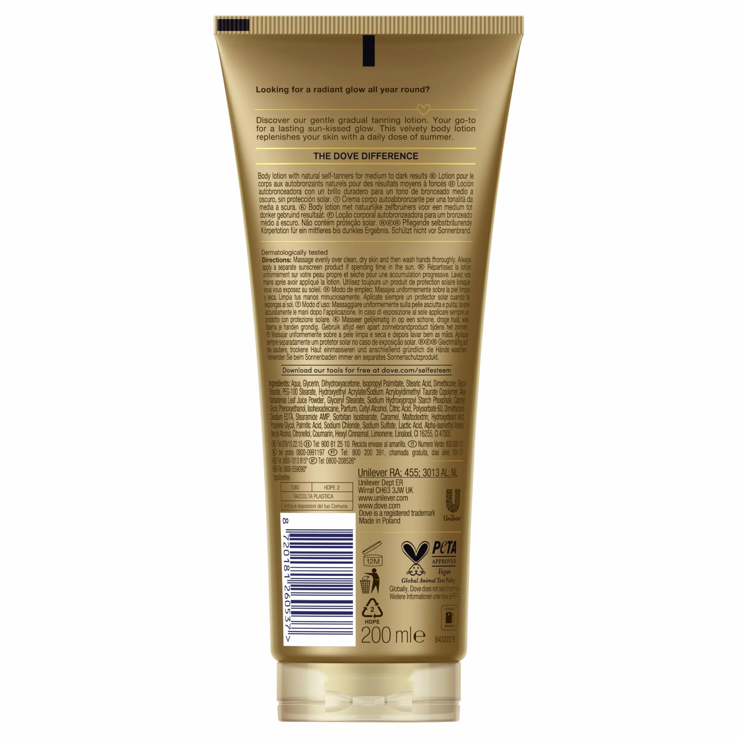 Dove Lotion Corporelle Autobronzante Summer Revived Peaux Claires et Moyennes Bronzage Progressif 72H Hydratation 2x200ml