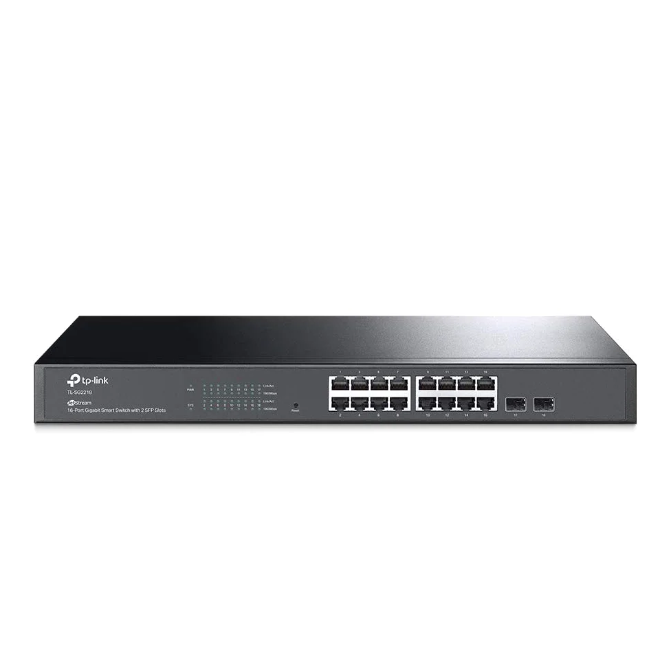 TP-Link Jetstream 16-Port Gigabit Smart Switch with 2 SFP Slots, L2/L3/L4 QoS and IGMP snooping with Standalone Management, Centralized Management, Fanless, Rack Mountable (TL-SG2218), Black