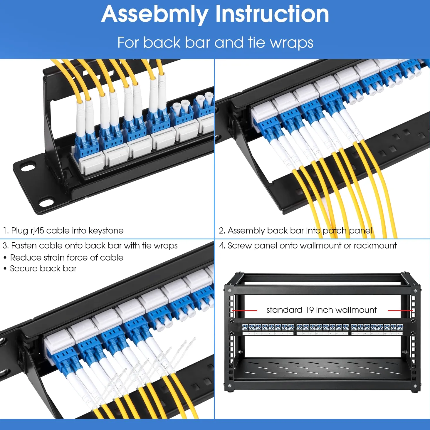 Lot de 8 panneaux de brassage LCUPC en fibre, 48 ports 1U 48,3 cm, chargés avec 24 adaptateurs à fibre optique duplex monomode LC UPC