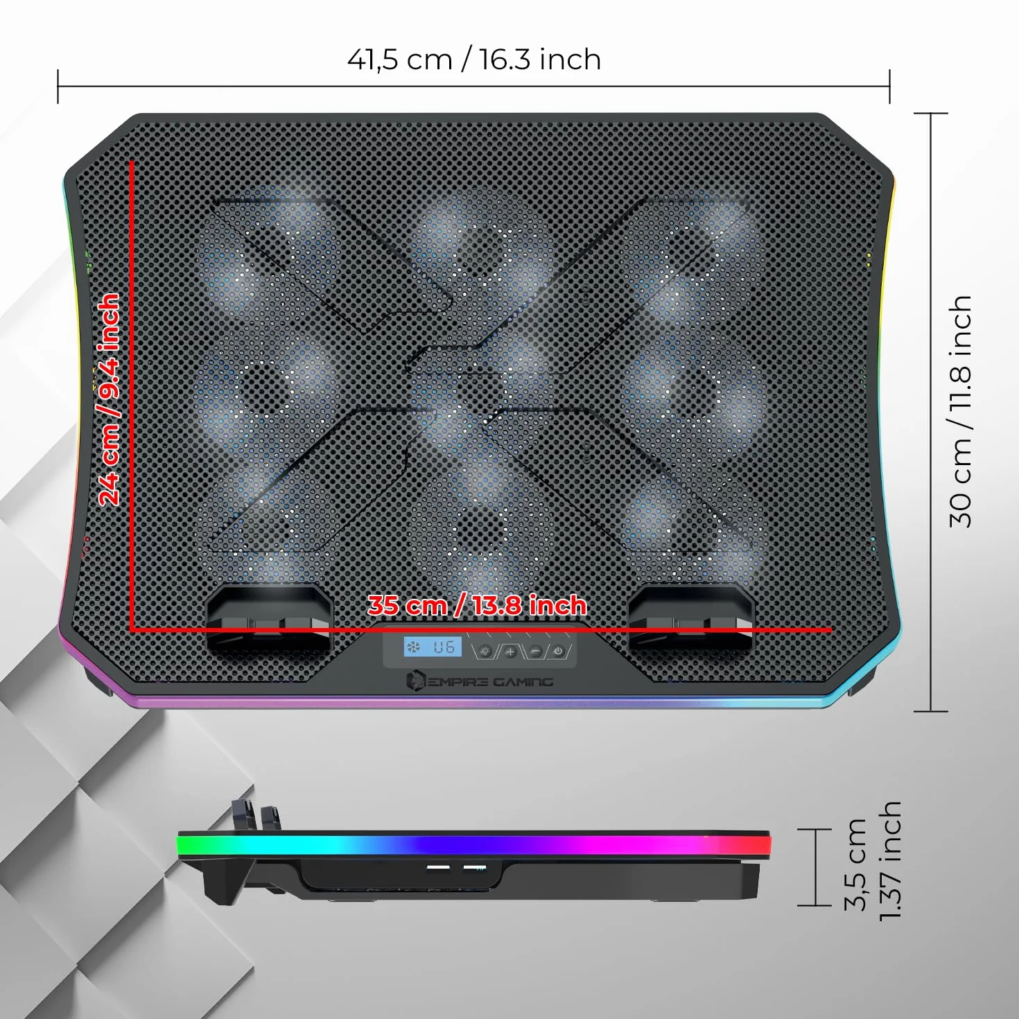 EMPIRE GAMING Guardian C900 Refroidisseur PC Ordinateur Portable 12-17 Pouces RGB Gamer 9 Ventilateurs Contrôleur LCD 10 Modes RGB 7 Hauteurs Réglables Support Amovible