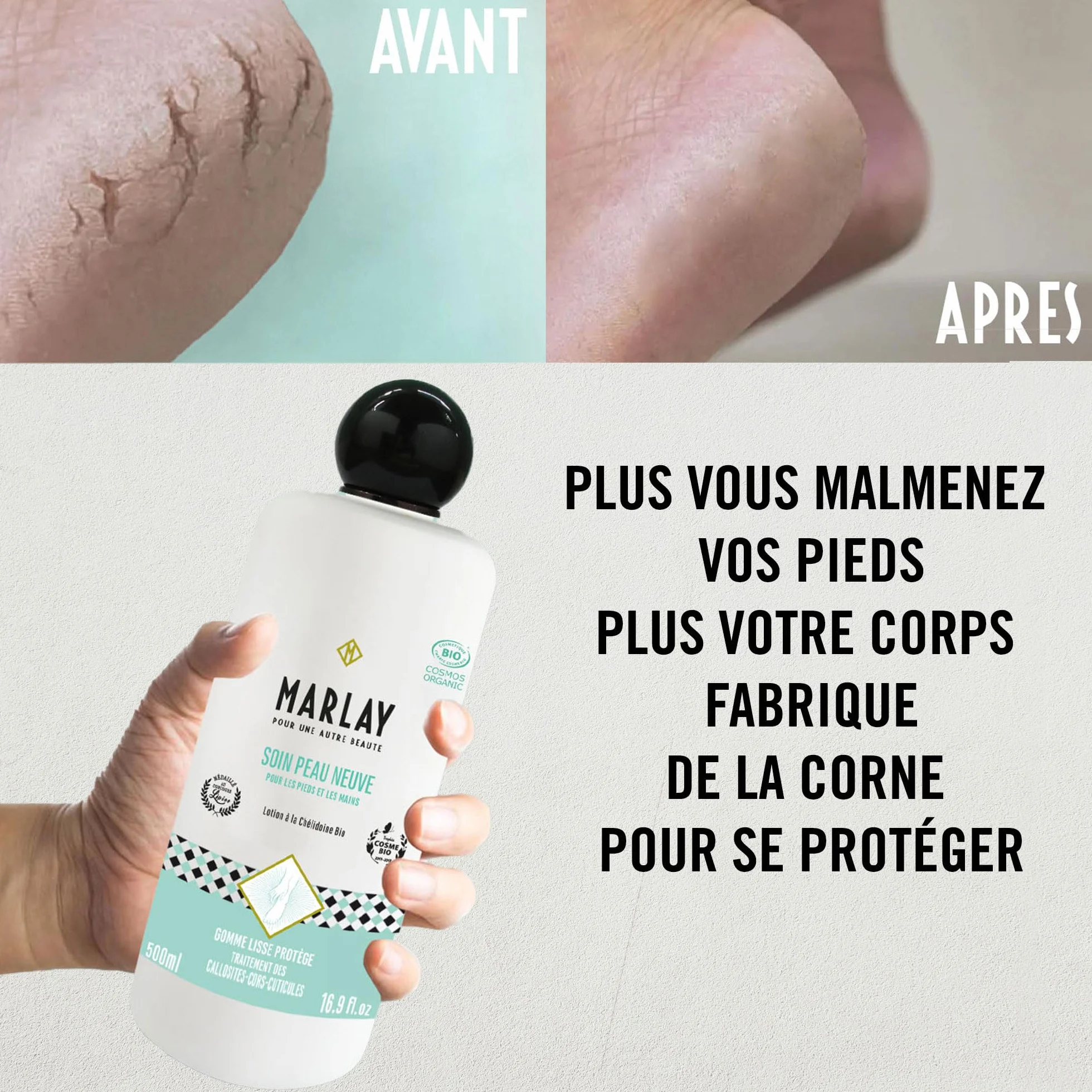 Marlay Cosmetics Soin Peau Neuve 500 ml Lotion Pieds Secs et Abimés à la Chélidoine Bio 99% Origine Naturelle